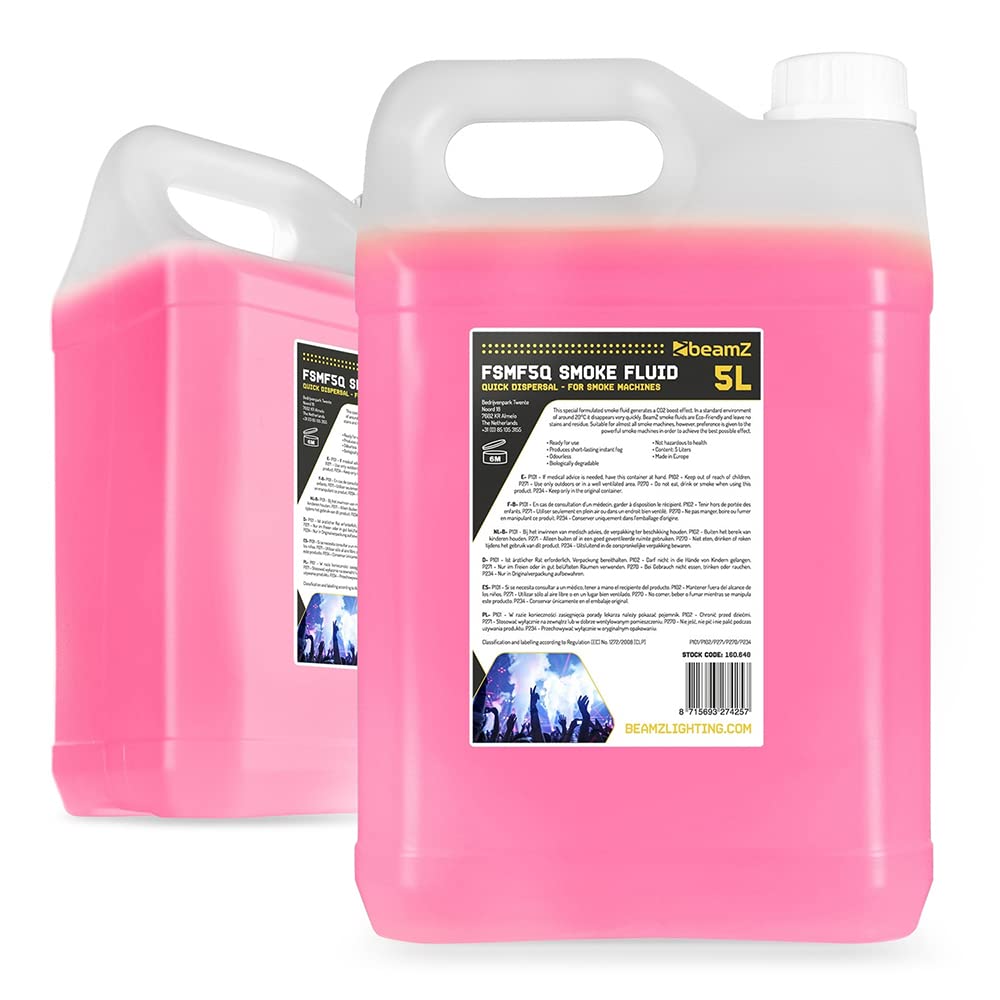 beamz Quick Dispersal Smoke Fluid 10L Bundle – 2x 5 Litre Pink Fog Liquid Refill Pack for Haze Effect Machine, Fast Clear Vapour Fluid for DJ, Party, Stage & Event Atmosphere Creation