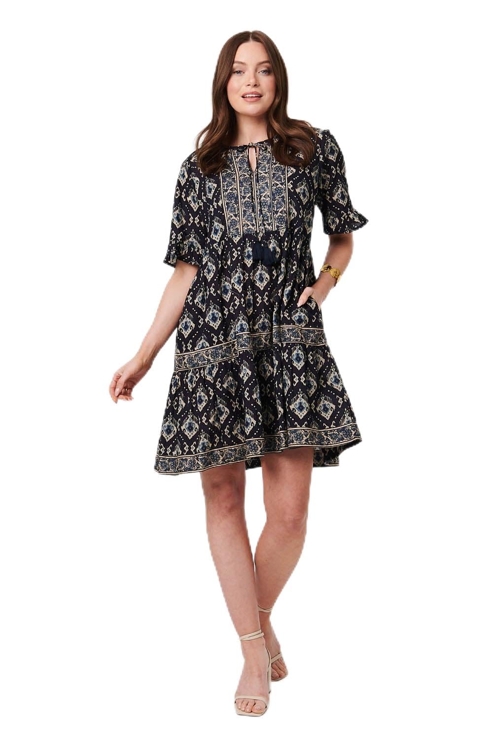 Izabel London Light Printed 1/2 Flared Sleeve Short Dress - 10 - Navy