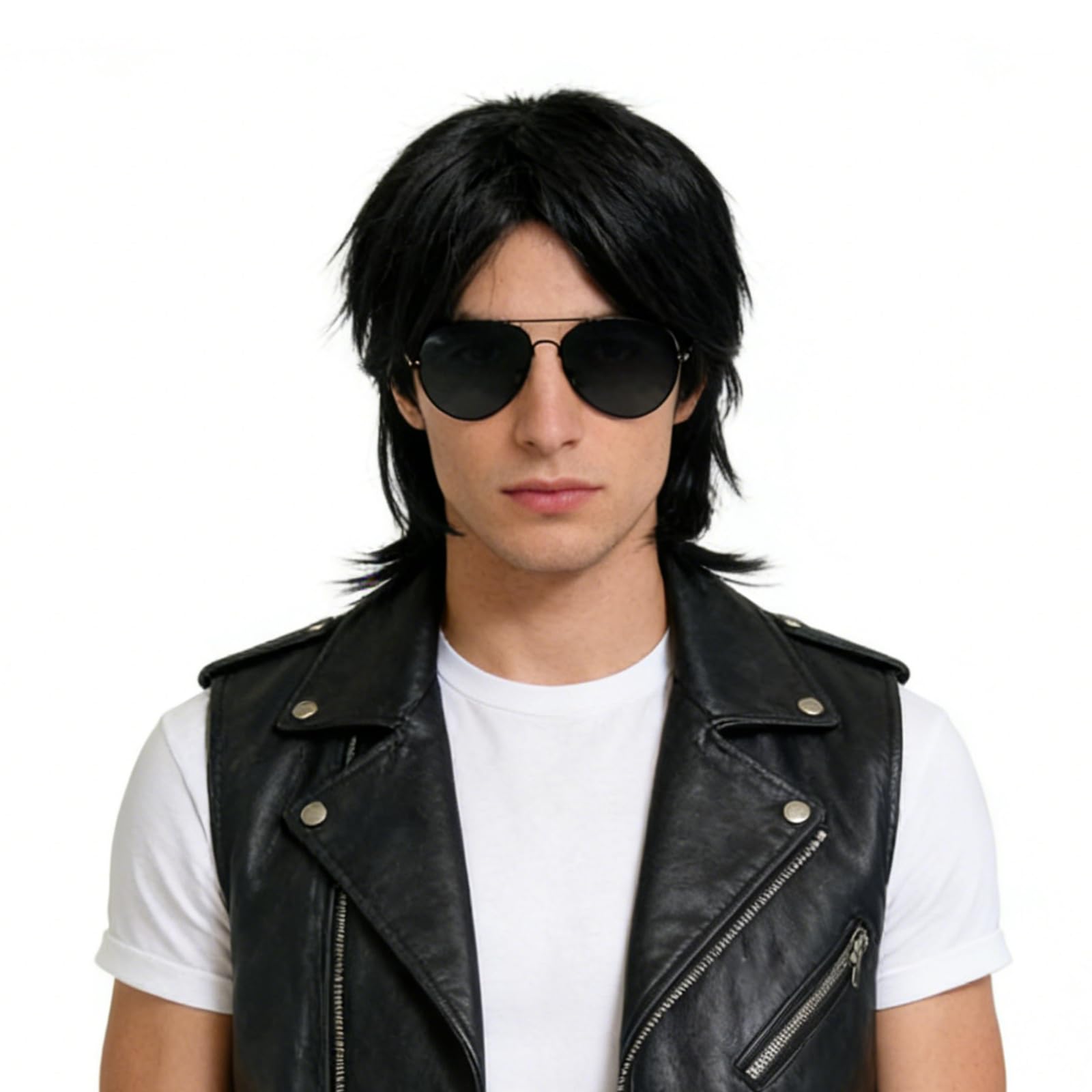 Nero Parrucca Mullet Uomo e Occhiali da Sole per Adulti, Naturali a Strati Corti Parrucca da Festa Halloween Carnaval Discoteca Fête de Cheveux Synthétique con Frangia pour Cosplay Carnaval
