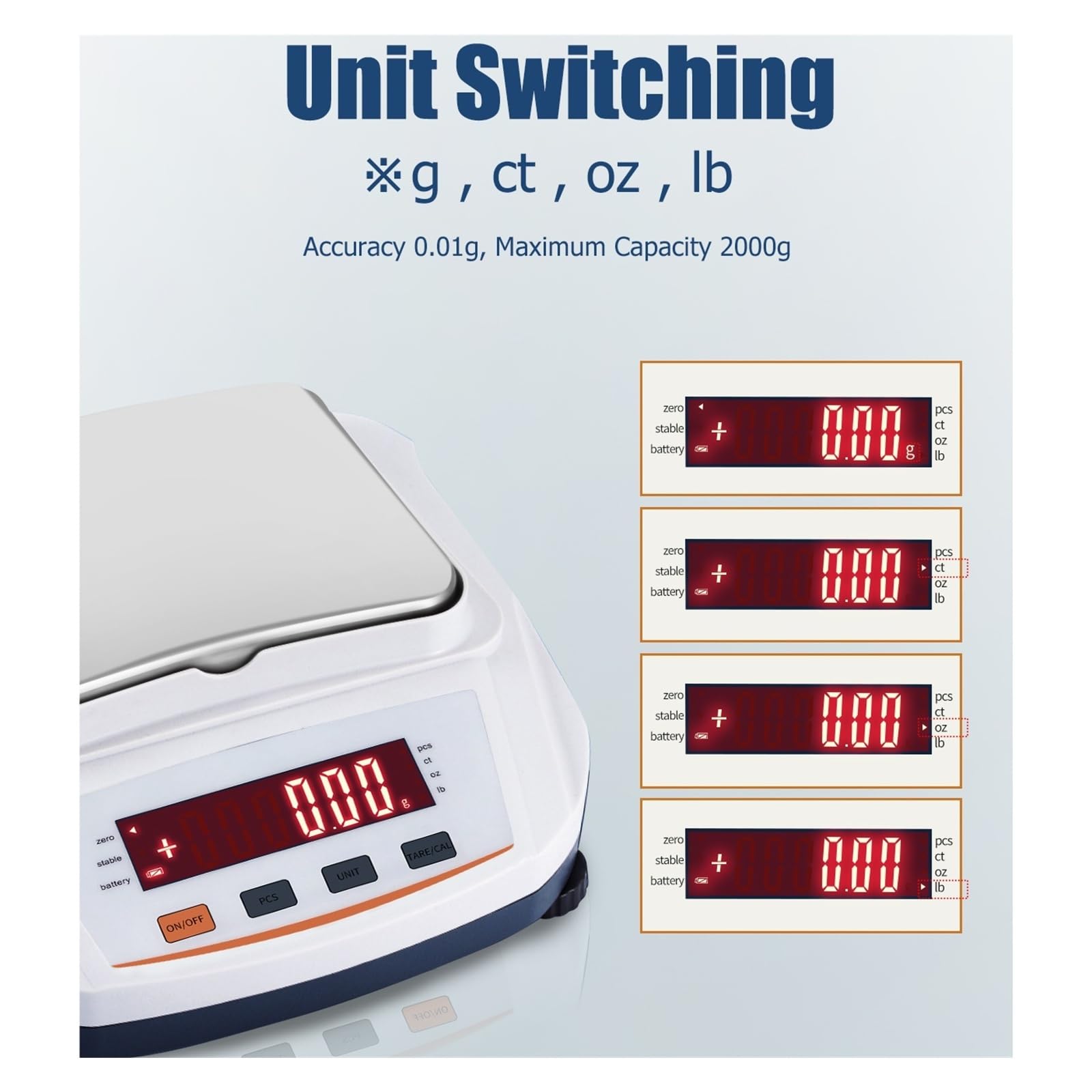 Contador de laboratorio a escala de gramo, balanza analítica Digital de 0,01g con pesaje for laboratorio de cocina Función múltiple(2000g 0.01g)