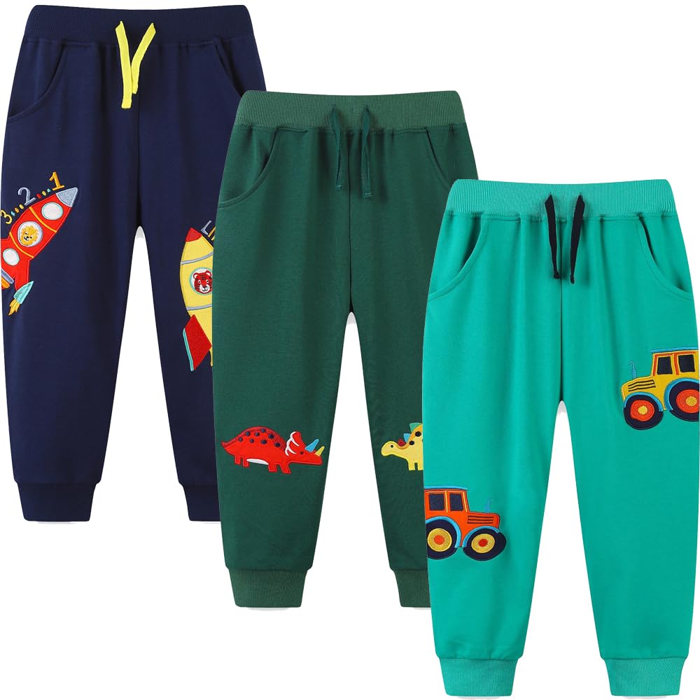 GFQLONG Toddler Boy Pants Cotton Sweatpants Kids Jogger for 2-6T | 3 Pack Elastic Bottom,Toddler Dinosaur Active Jogger,Lightweight Boy Clothes,Boys Long Pants with Pockets