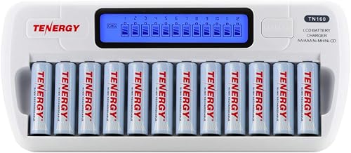Tenergy TN160 Cargador de batería LCD NiMHNiCD AAAAA de 12 bahías + 12 pilas recargables AA NiMH, baterías dobles A para electrónica diaria