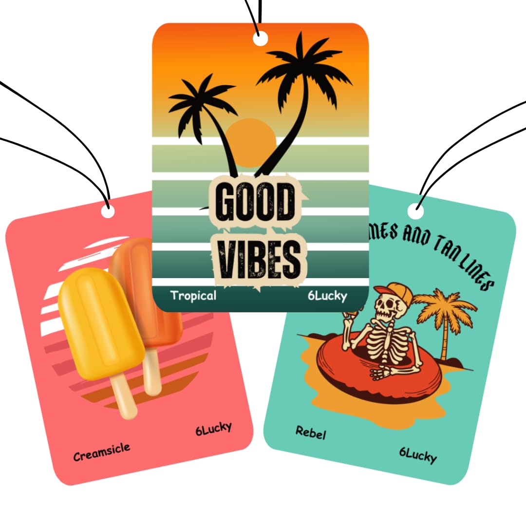 Air Fresheners for Auto and Home. Odor-Eliminator and Long-lasting Scents. 3-Pack Hanging Car - Rebel, Tropical, and Creamsicle.