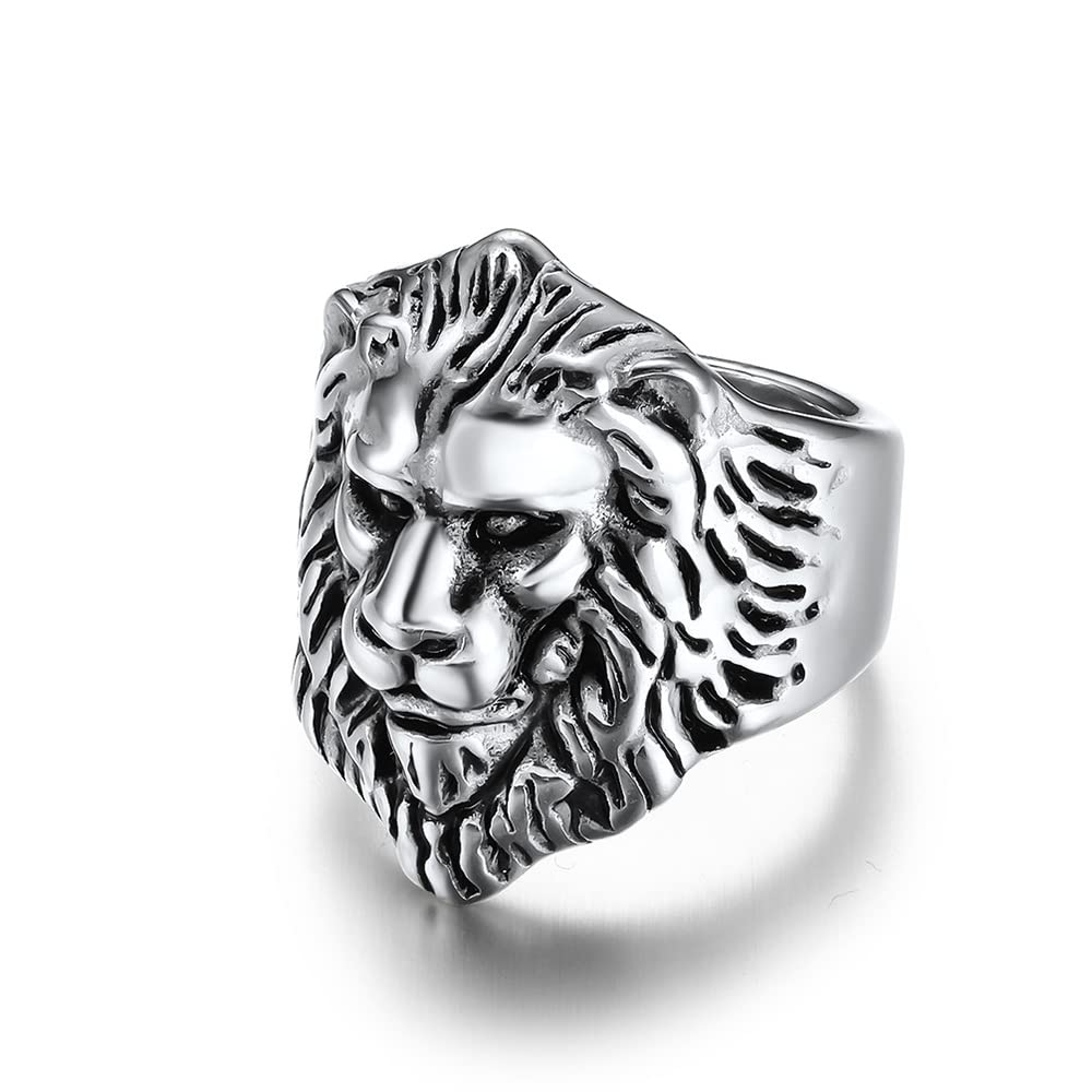 MeilordAnillo de rey león para hombres y niños retro gótico cabeza de león anillos de titanio de acero inoxidable anillo de boda anillo de oro plateado, Metal