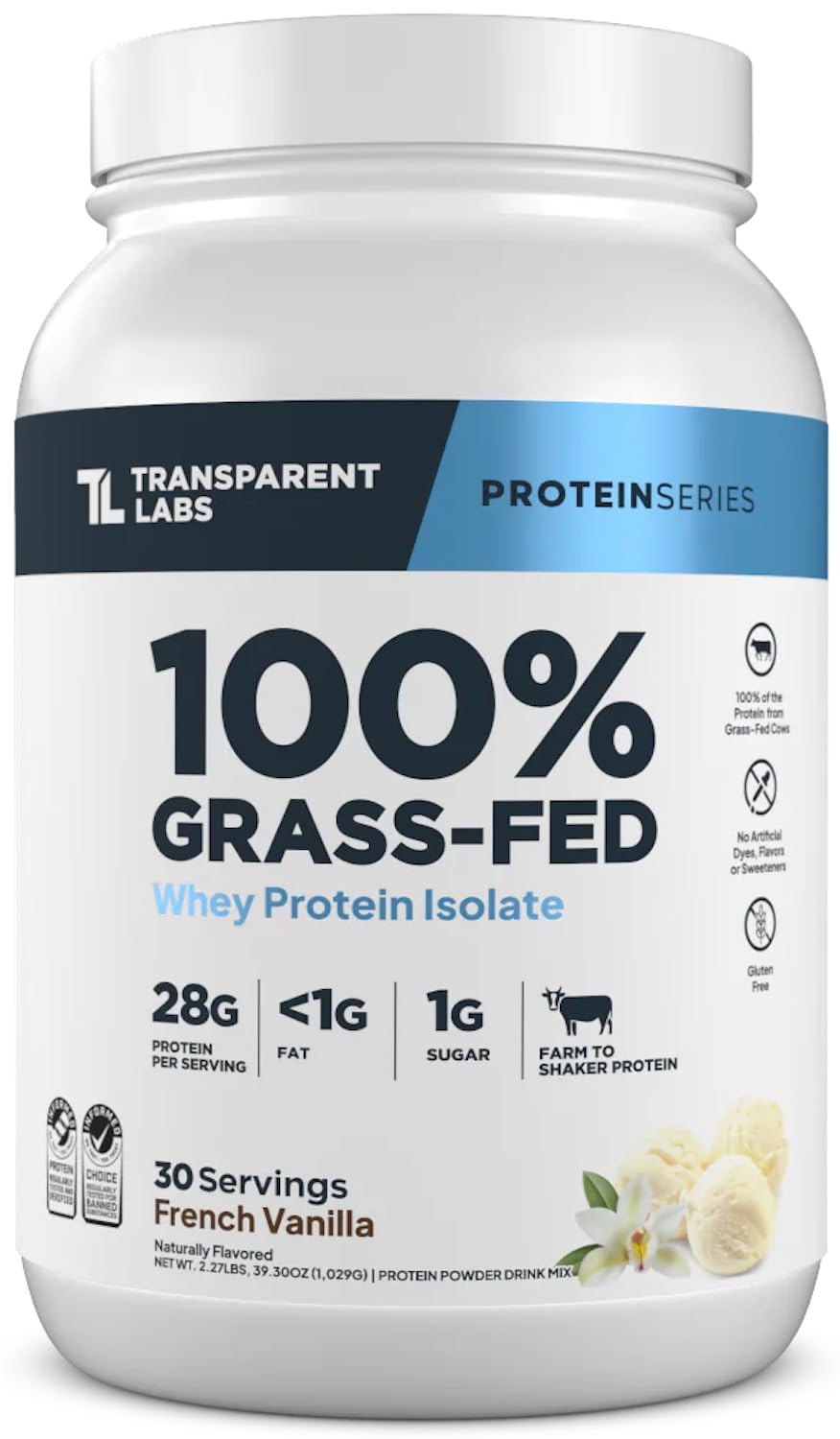 Proteína de suero aislada de animales alimentados con pasto de Transparent Labs: proteína de suero en polvo sin gluten, con sabor natural, 28 g de proteína por porción y 9 aminoácidos, 30 porciones, vainilla francesa