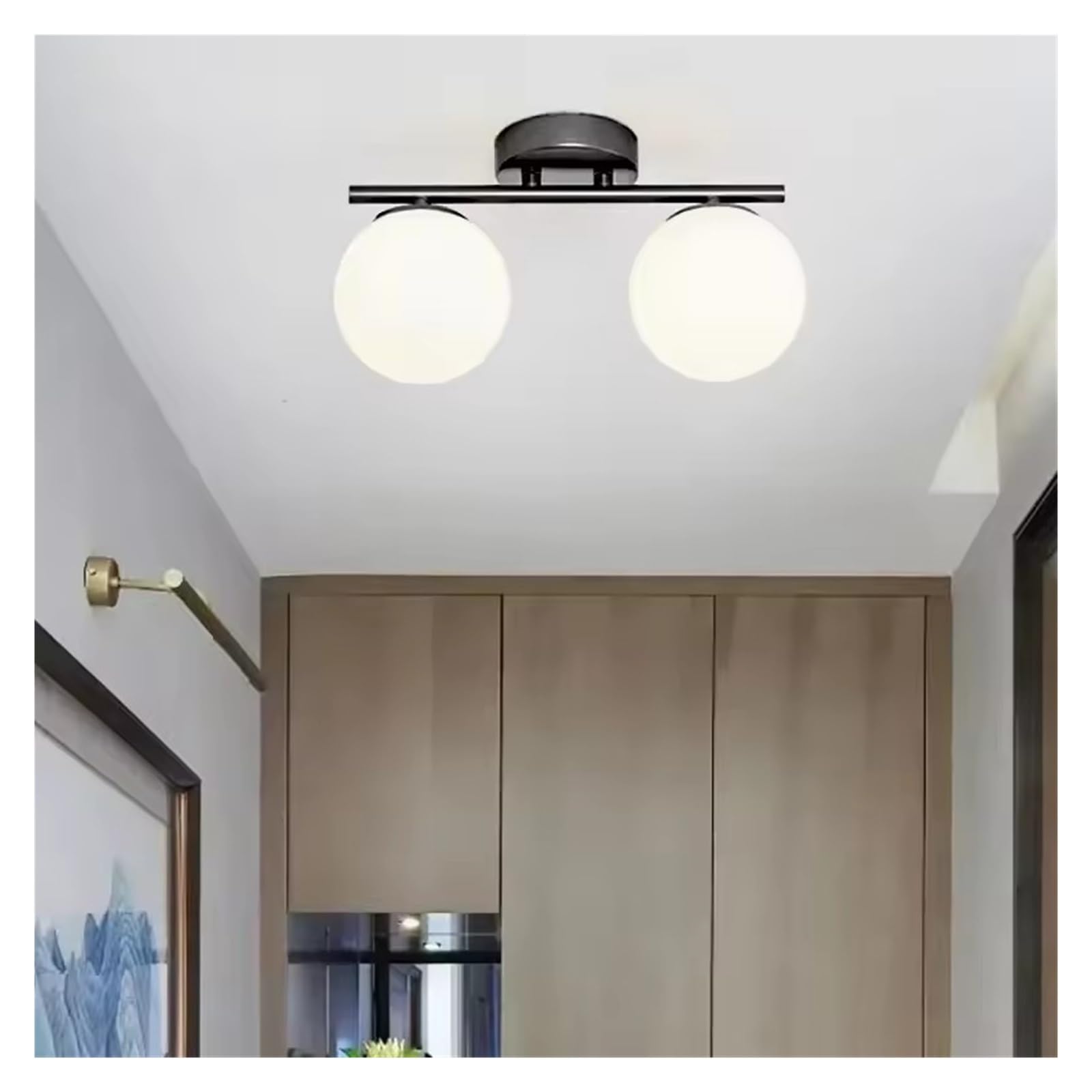 CWCQGH Nordic LED Glass Ceiling Light White Ball Creative Golden Corridor Lamp Entrance Cloakroom Balcony Bedroom Dining Room Lighting,Black