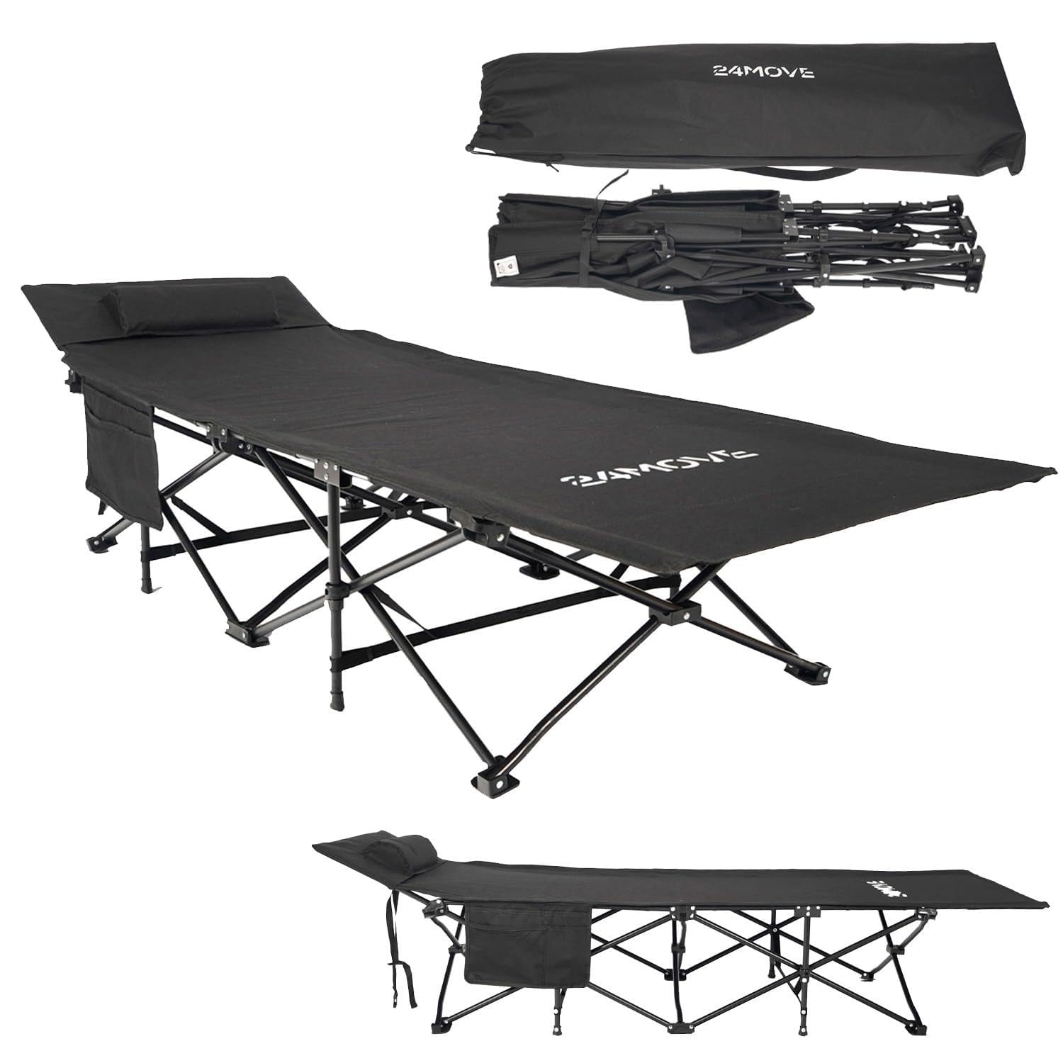 24MOVE® Feldbett Campingbett bis 150 kg In-und Outdoor Camping faltbar, 190 x 67 x 34cm, tragbar mit Tasche, für Garten oder Reisen, schwarz