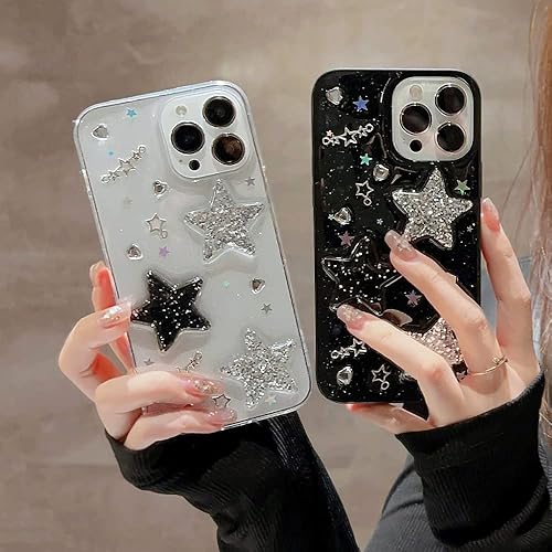 Miniatura 5 de Funda para iPhone 14 con diseño de estrellas 3D con corazones brillantes y diamantes con purpurina Y2K Spark de lujo, diseño femenino estético