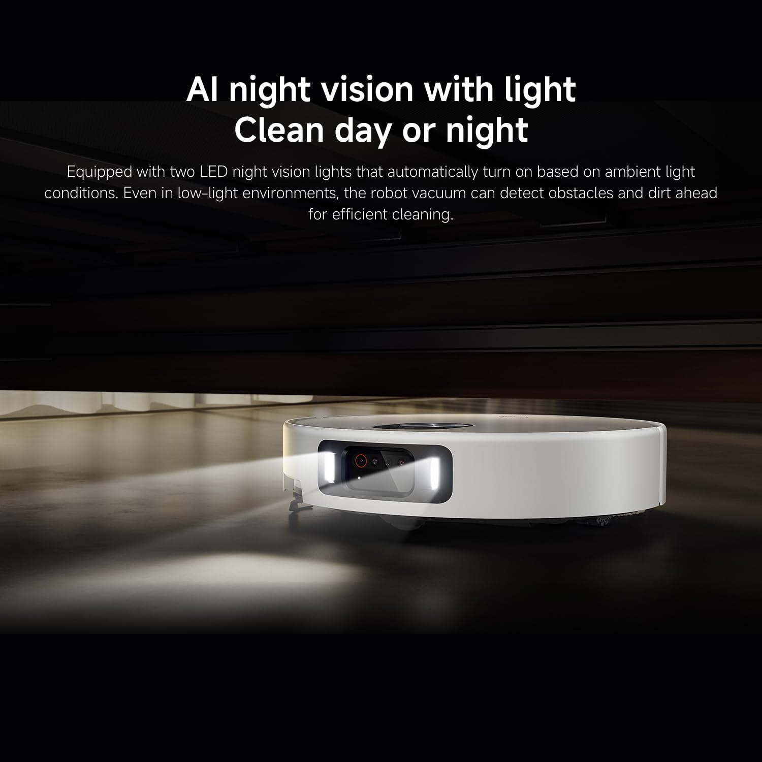 Xiaomi Robot Vacuum 5 Pro operating in a dark room with AI night vision lights activated