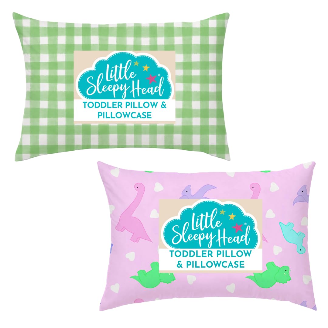 Little Sleepy Head Toddler Pillow with Pillowcase (Gingham Green) and Toddler Pillow with Pillowcase (Dinosaurs Pink) Bundle