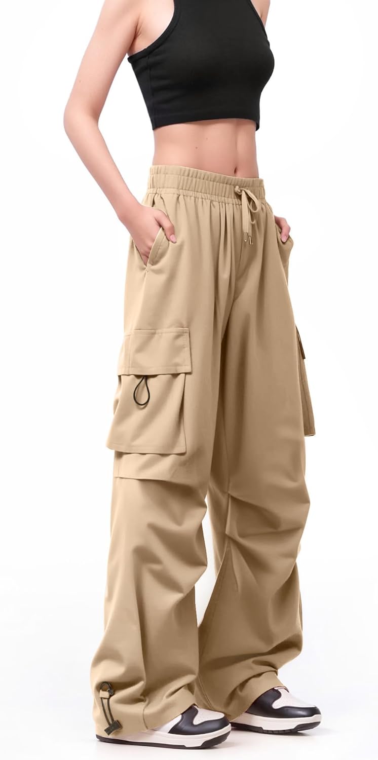 Womens Parachute Cargo Pants with 6 Pockets High Waisted Quick Dry Water-Resistant Baggy Y2K Casual Drawstring Pants