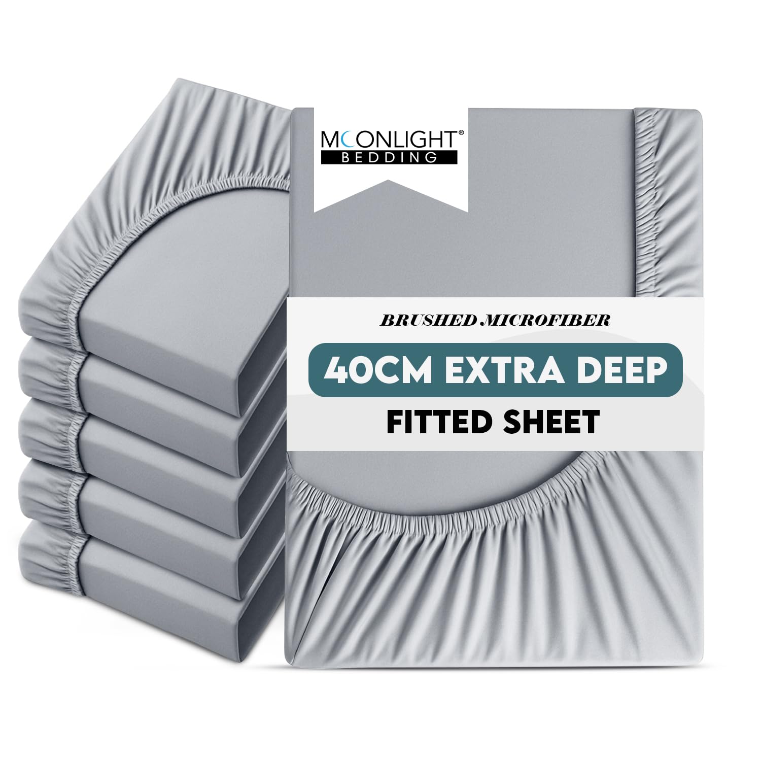 Moonlight Bedding Single Fitted Sheet Deep Fit 40CM 6 Pack Silver Bed Sheet with Elastic Corners 16 Inch Extra Pocket Brushed Microfiber Easy Care Breathable Shrinkage Fade-Resistant Bedsheets
