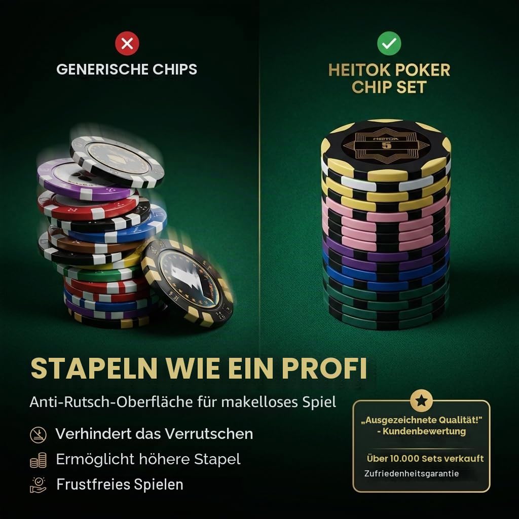 HEITOK Pokerkoffer 300 Chips 14g Clay Composite nummeriert Texas Holdem Set | 2-8 Spieler, gut lesbare Werte, Blackjack, Karten, Würfel, Dealer und Small/Big Blind Buttons, Pokerrunden, Kartenspielabende