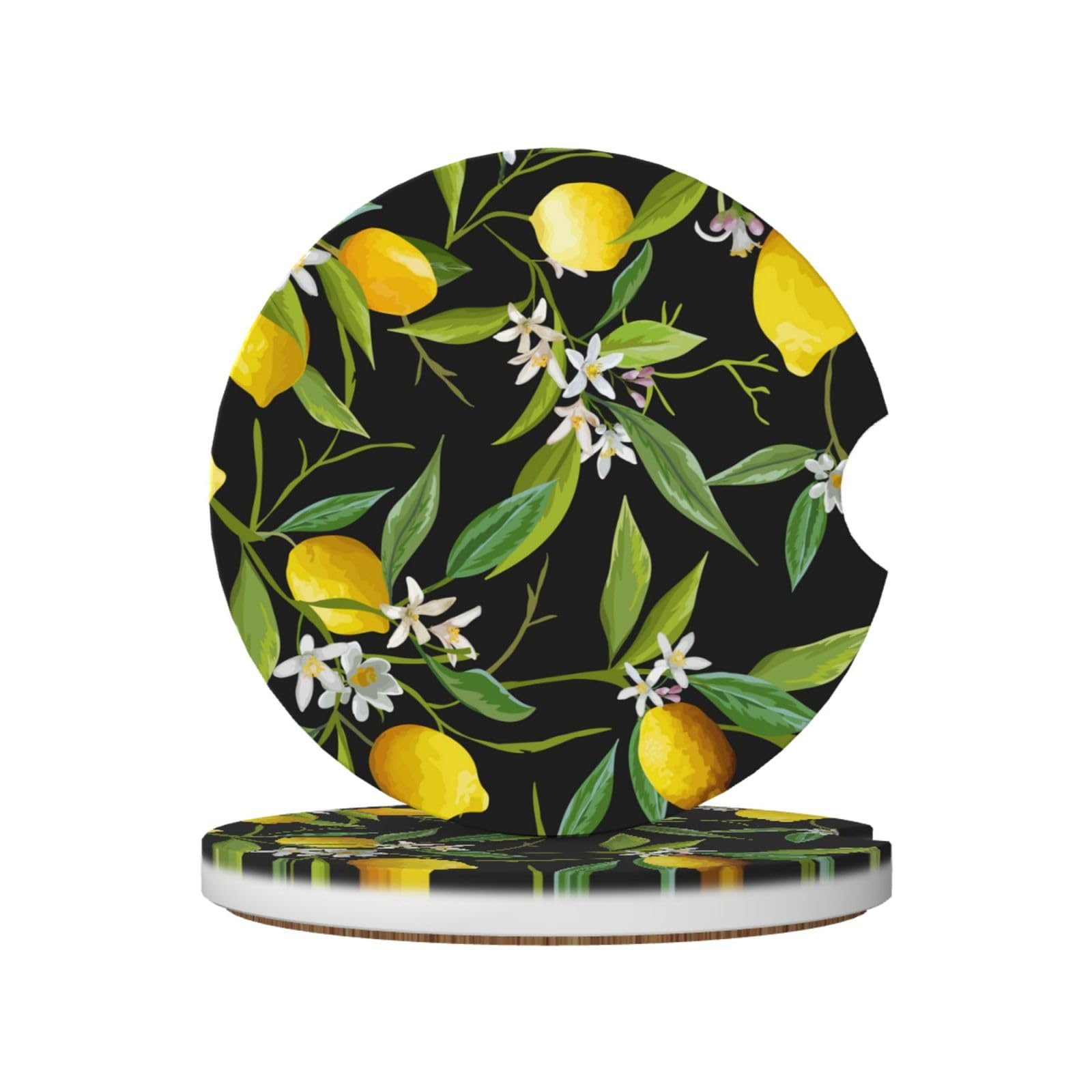 Lemon And Flower Print, Car Cup Holder Coasters 2 Pack, Absorbent Ceramic Car Coasters with Non Slip Cork Base