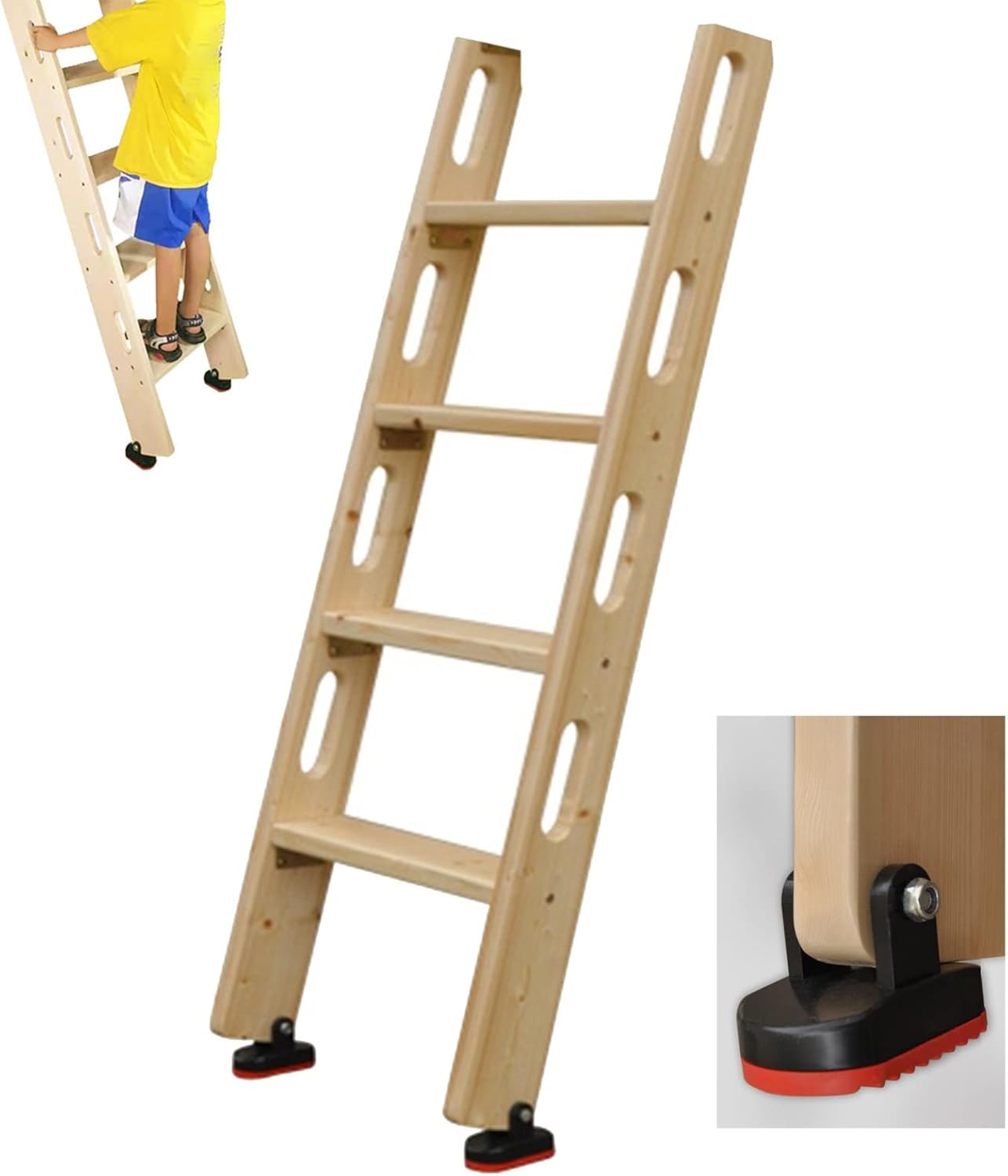 Wooden Bunk Bed Ladder with Handle, 100/125/150cm Long Replacement RV Camper Bunk Ladder with Non-Slip Base, for Loft Dorm Room Caravan (Size : 4 Step 125cm/49)