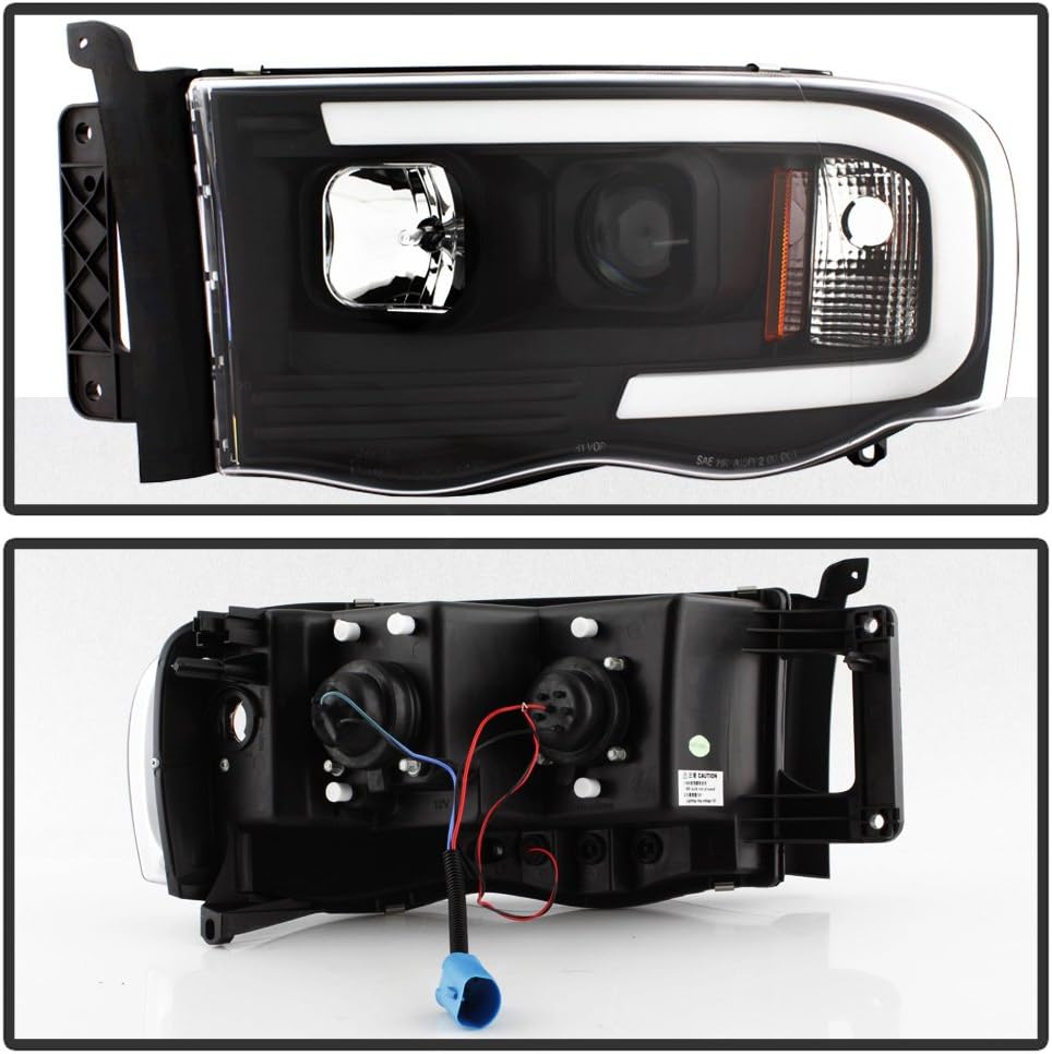 ACANII - For 2002-2005 Dodge Ram 1500 2500 3500 Black LED Tube Projector Headlights Assembly Headlamps Driver+Passenger