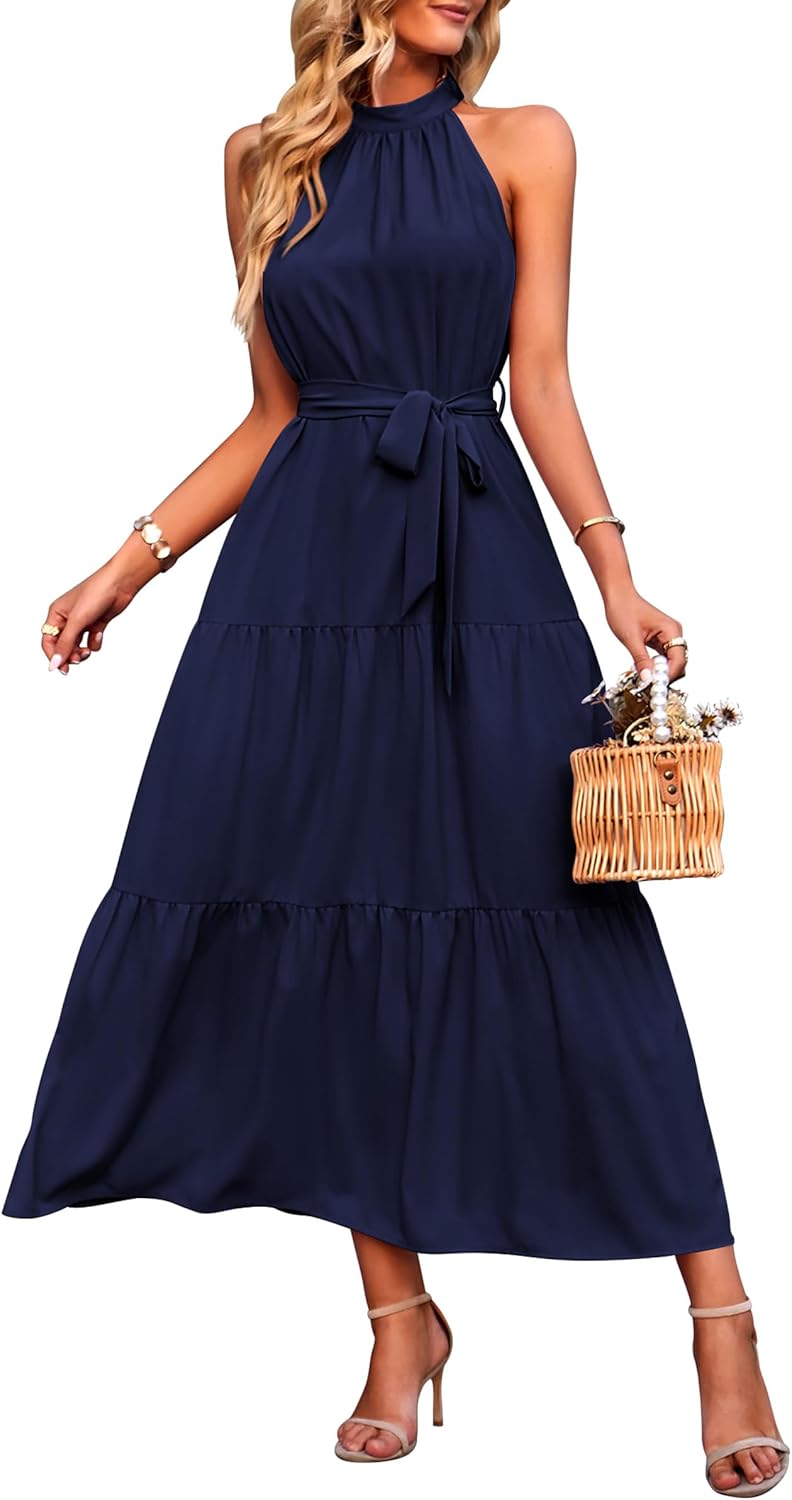 PRETTYGARDEN Women's Summer Floral Maxi Sun Dress Sleeveless Halter Neck Flowy Ruffle Hem Long Boho Dresses with Belt