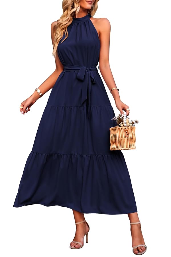 PRETTYGARDEN Women's Summer Maxi Sun Dress Sleeveless Halter Neck Flowy Ruffle Hem Long Boho Dresses with Belt (Solid Navy,X-Large) by PRETTYGARDEN - Used condition - US$43.28