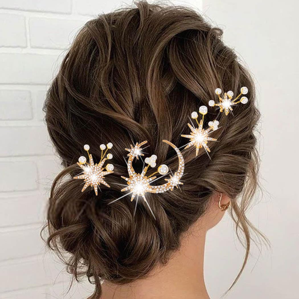 BARTOSI Moon Star Wedding Hair Clips Gold Rhinestone Hair Pins Bridal Hair Pieces Goddess Hair Accessories for Women and Girls (Pack of 4)