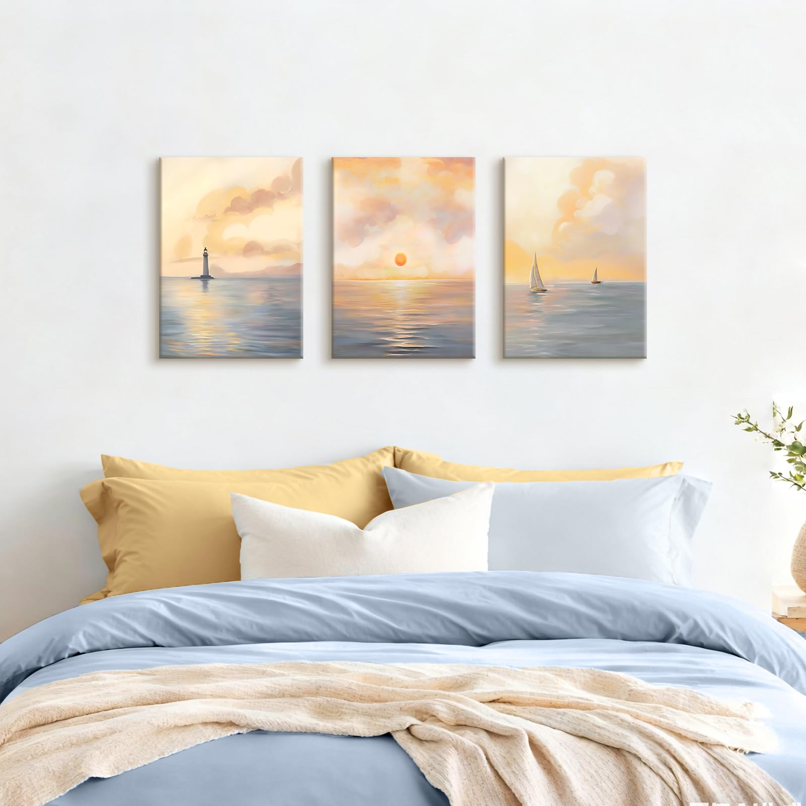 WENGTIAO 3 Pezzi Stampa su Tela Oceano Alba Incorniciato, Quadro su Tela Faro Barca a Vela in Mare Paesaggi Murali Pittura per Quadri Moderni Soggiorno Camera da Letto Decorazioni Parete 30x40cmx3