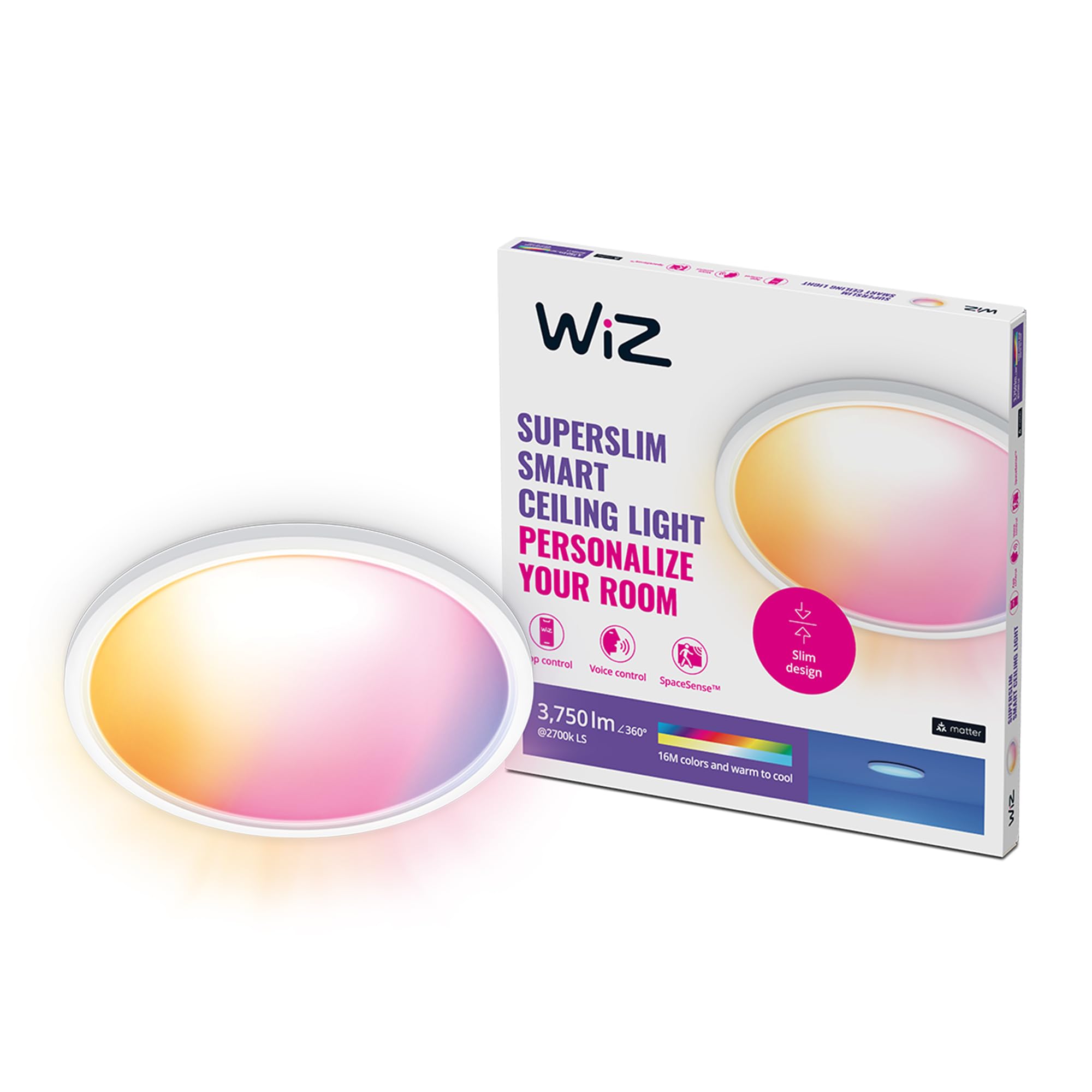 WiZ Tunable White and Color Superslim Deckenleuchte (32 W, ø 54,5 cm), LED Leuchte mit 16 Mio. Farben oder warm- bis kaltweißem dimmbarem Licht, smarte Lichtsteuerung über WLAN per Stimme/App, weiß