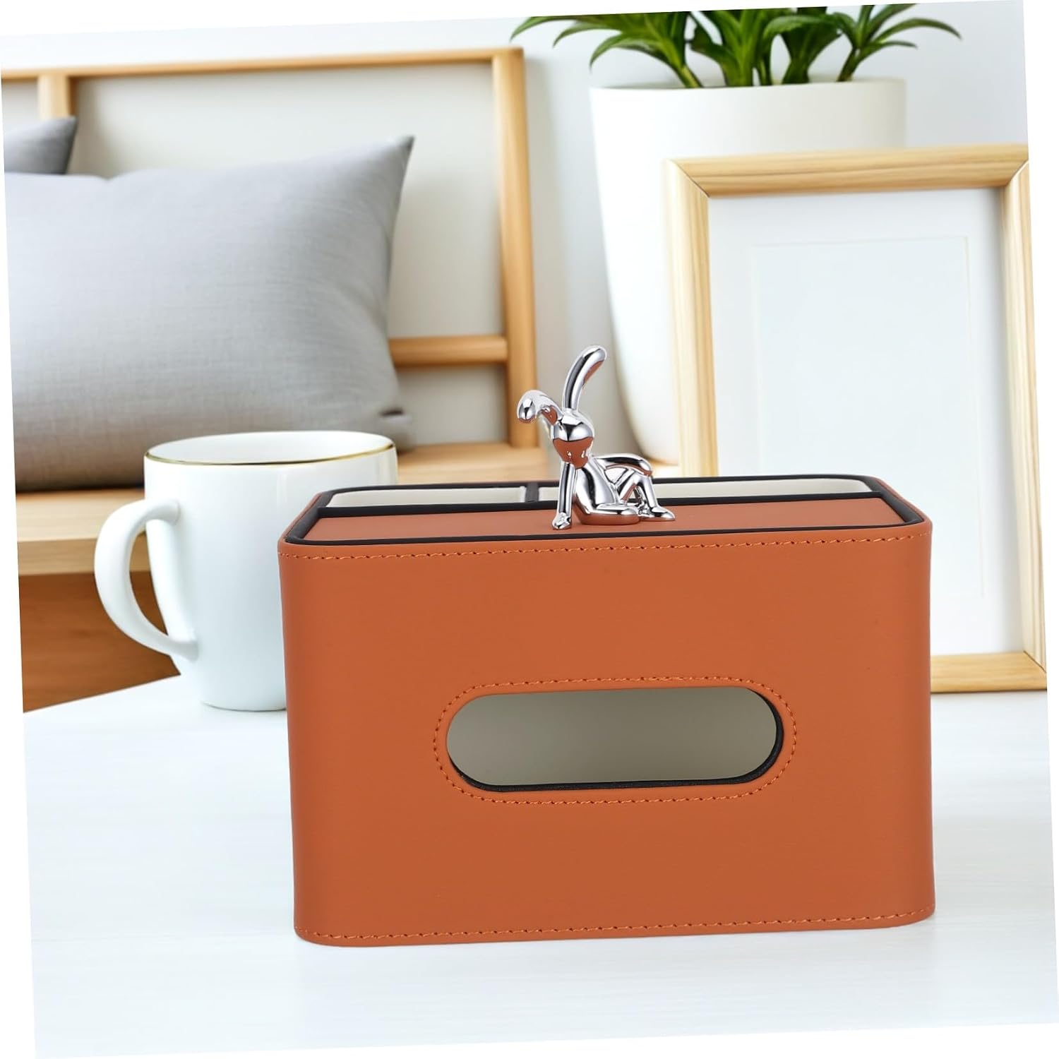 SHINEOFI Pu Leather Tissue Box Organizer with Multi-Functional Storage and Remote Control Holder, Rectangular Orange Tissue Box Holder for Living Room and Bedroom Tables, Elegant Design