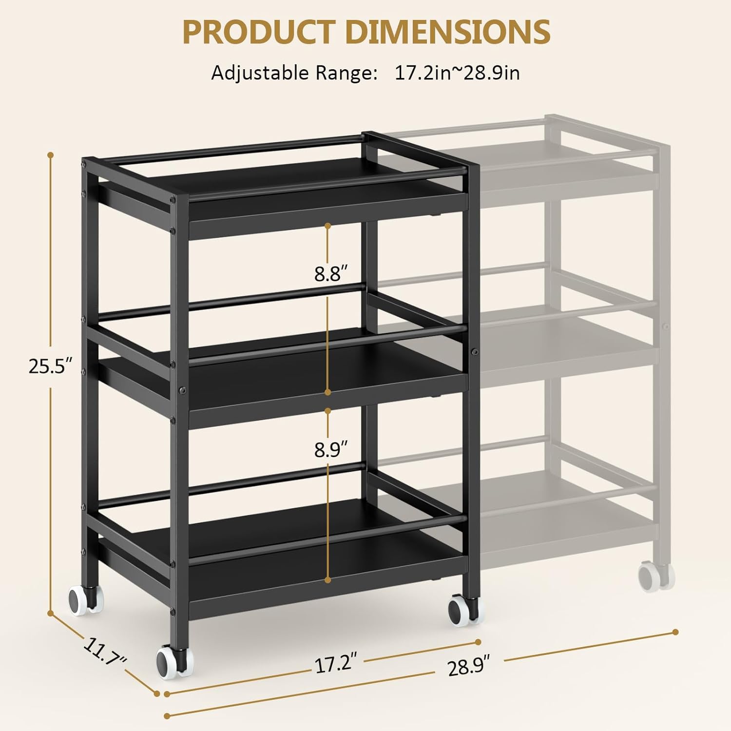 3-Tier Expandable Rolling Pantry Organizers and Storage Cart with Wheels, Adjustable Pantry Floor Organizer, Snack Cart for Pantry, Kitchen Storage Cart with 4 Hooks for Snack, Food, Vegetables