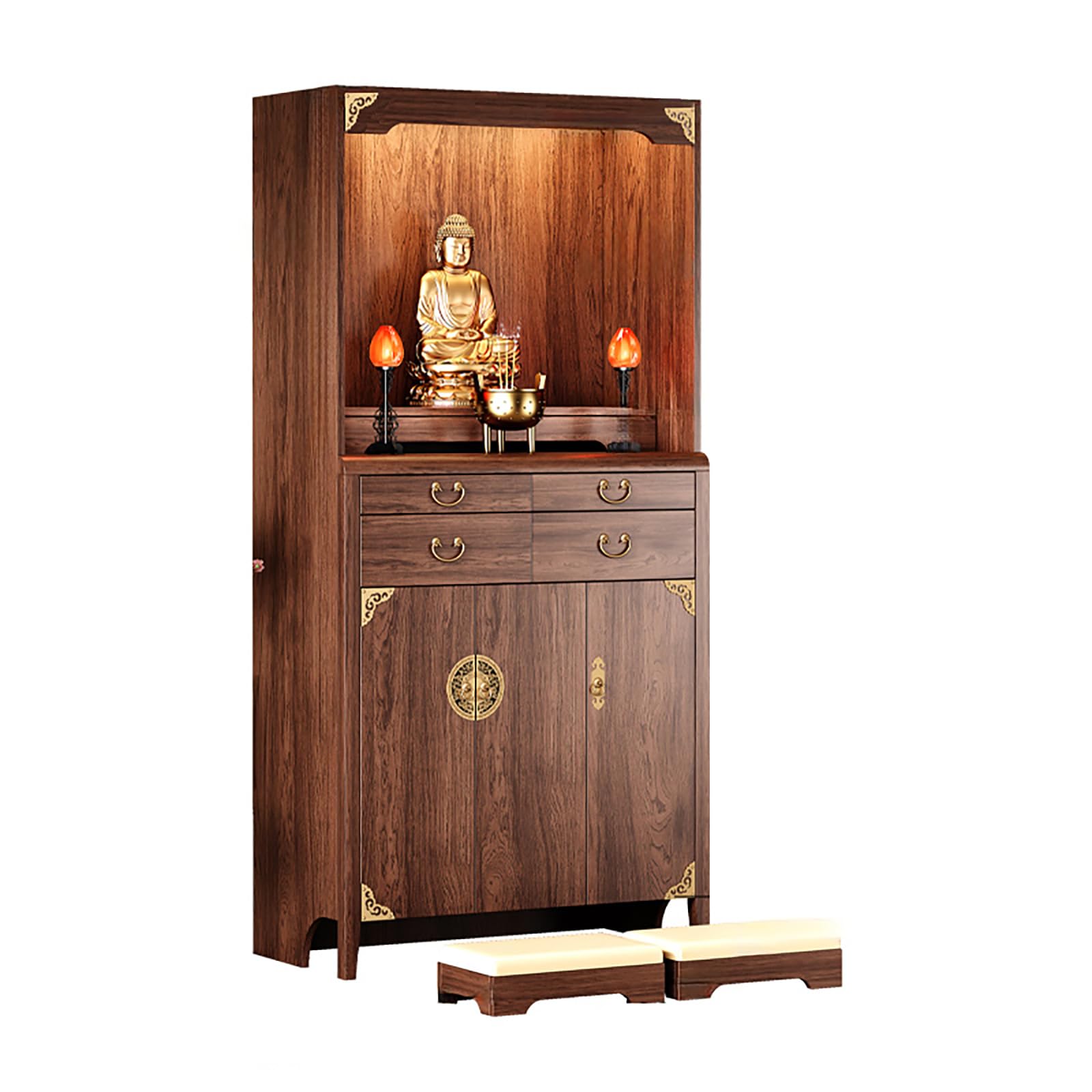 NHPJFDC Buddhist Altar Table with Storage, Chinese Style Solid Wood Buddha Shrine, Buddha Cabinet, Pooja Mandir for Home (Walnut, 35.4 * 17.7 * 74.2in)