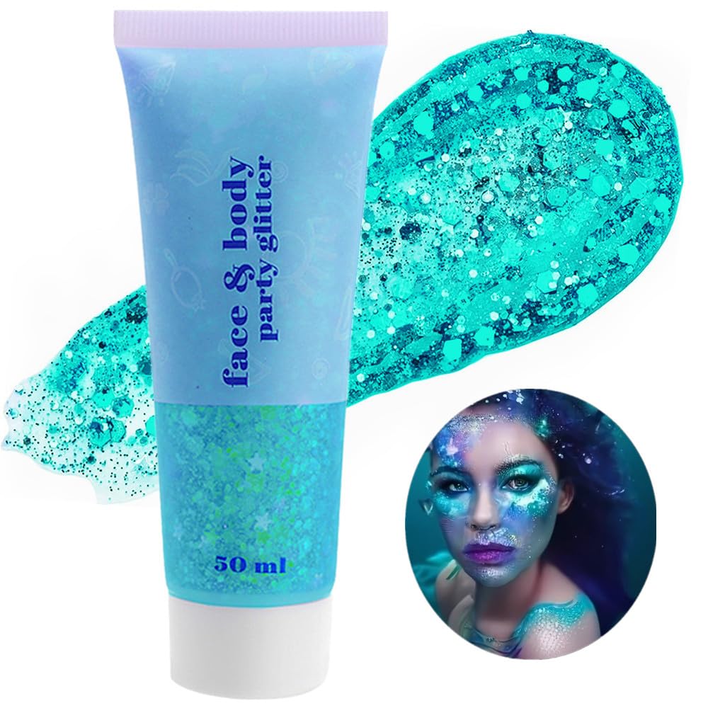 Go Ho Teal Body Glitter Gel,Singer Concerts Teal Face Glitter Makeup,Holographic Long Lasting Chunky Sequins Glitters for Eye Lip Hair Nails,Festival Rave Accessories,52g