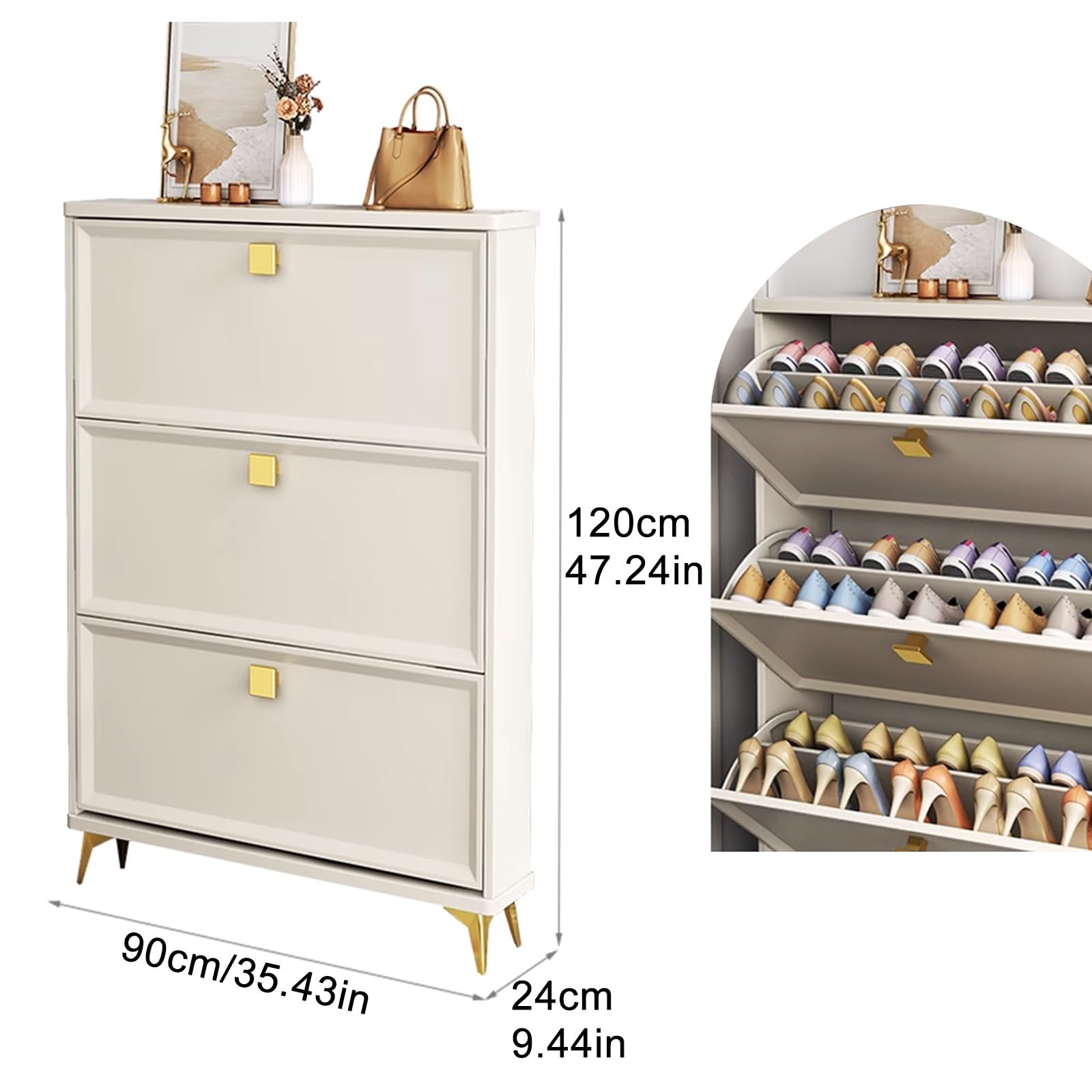 FQMYLTYN Modern Grey Shoe Cabinet with 3 Flip Drawers, 3 Tier