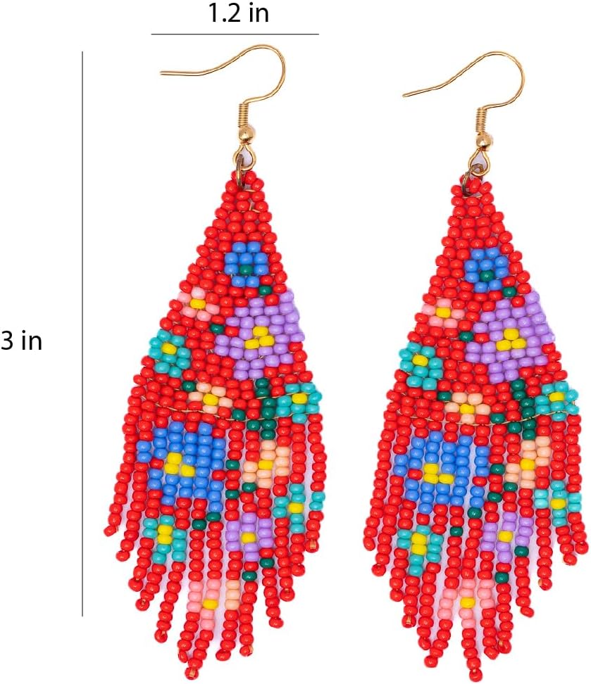 Amapola Red Floral Fringe Seed Bead Earrings for Women – Boho Beaded Dangle Earrings – Lightweight Summer Jewelry by Embera Bead Project – Hypoallergenic Stainless Steel