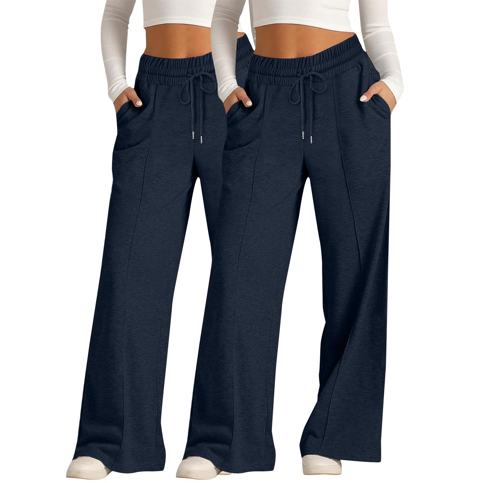 Paquete de 2 pantalones deportivos de pierna ancha para mujer, con bolsillos, elásticos, de cintura alta, elásticos, de pierna recta, para oficina, trabajo, pantalones palazzo con bolsillos y cordón