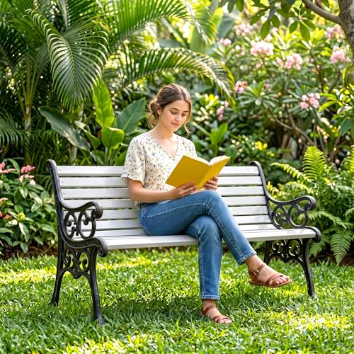 Image of BRISHI 3 Seater cast Iron Garden Bench for Indoor & Outdoor Park /Patio /Living Room /Terrace /Balcony (White) (Black + White)