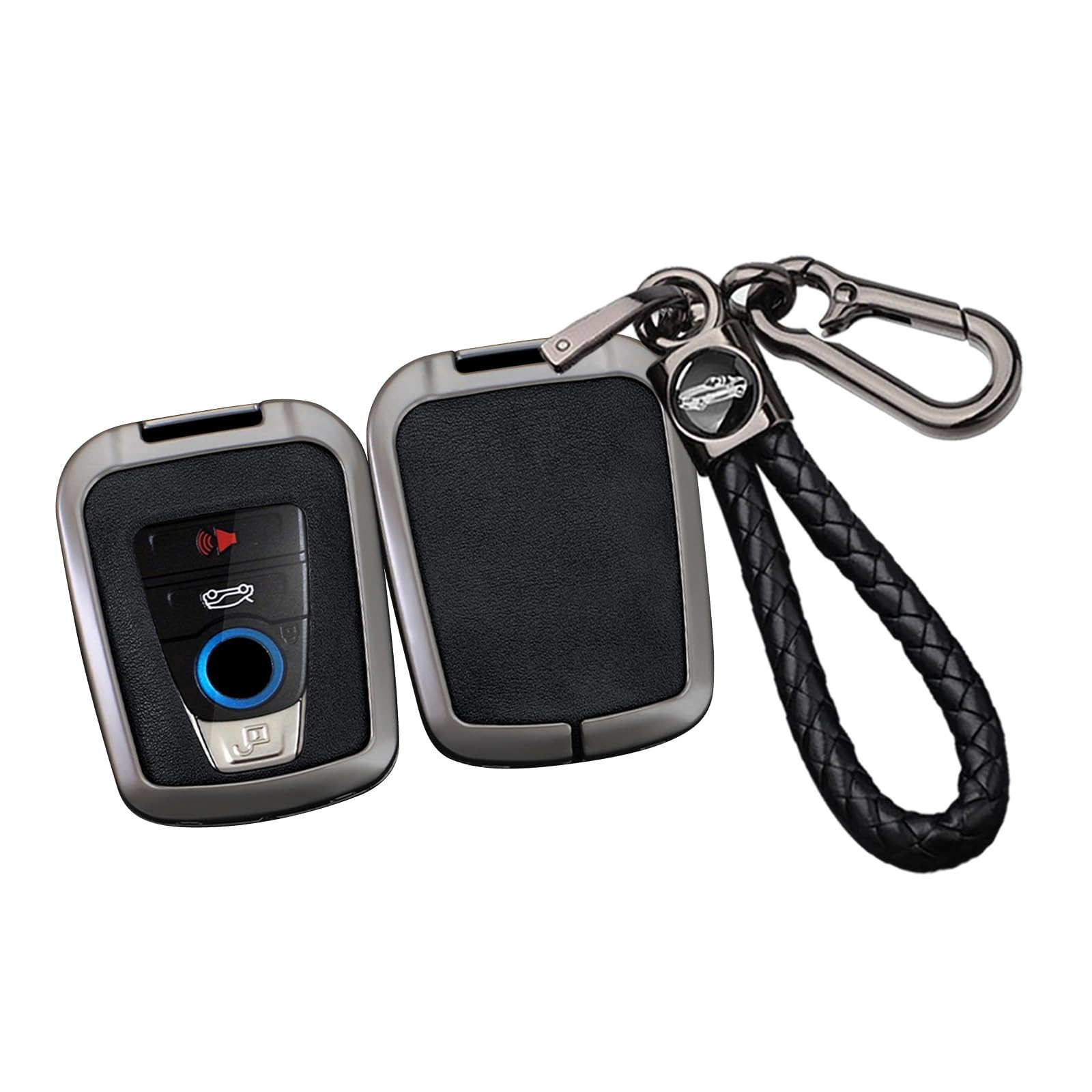 SANRILY Metal Leather 4 Button Smart Key Fob Cover Compatible with BMW i8 2014-2022 i3 Accessories Keyless Anti-Scratch Key Fob Protector with Weave Keychain Black