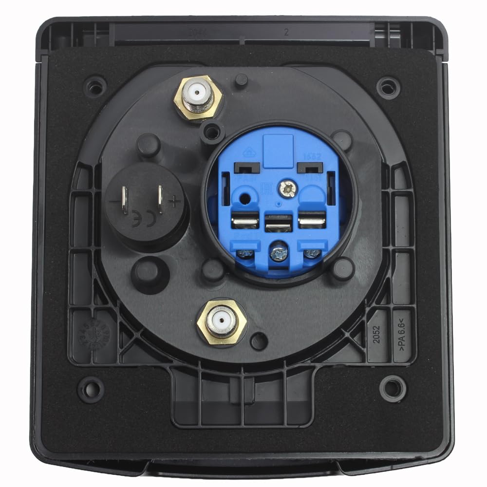 ABL Außensteckdose Wohnmobil/Boot: USB-A/C, Antenne, Schuko - 130x145mm, Schwarz, IP54, Made in Germany. Für Van & Wohnwagen