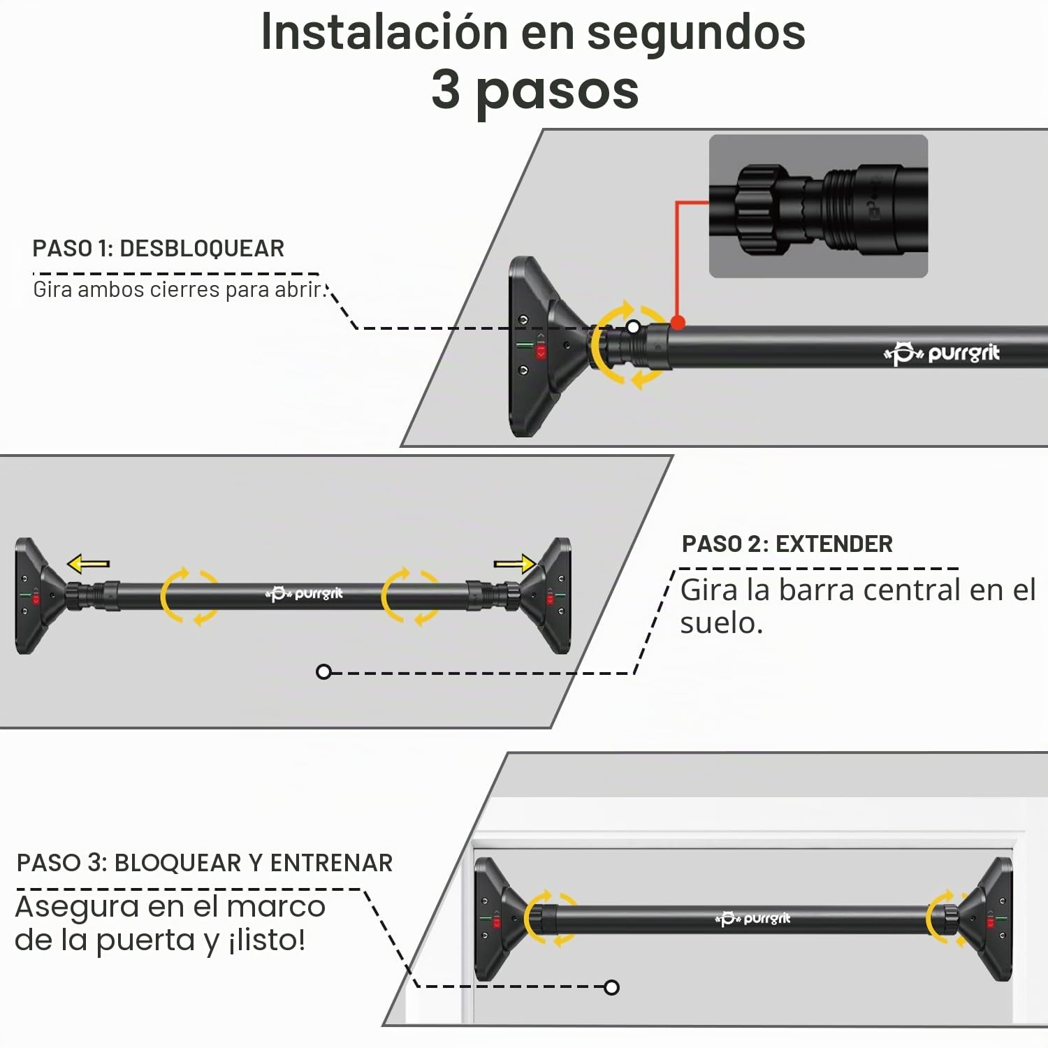 Barra de Dominadas para Puerta Sin Tornillos, Ajustable 74-95cm, 200kg Carga, Bloqueo 360° y 2 Almohadillas EXTRA, Para Entrenamiento en Casa y Fitness