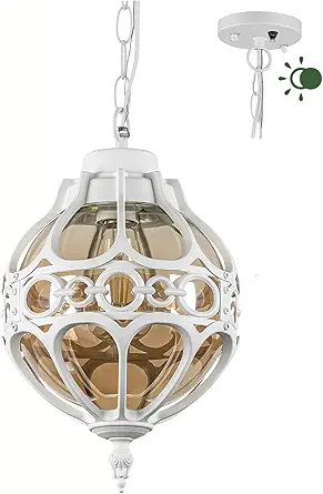 Dusk to Dawn Globe Outdoor Pendant Lights, White Porch Hanging Lantern Pendant Lighting, Outside Aluminum Waterproof Adjustable Ceiling Light, Vintage Amber Glass Exterior Chandelier