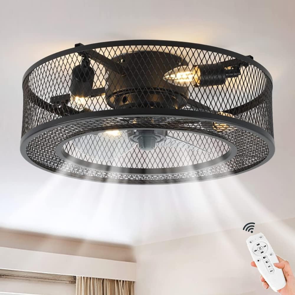 TRUYOK Ventilador de Techo con Mando a Distancia - Retro Industrial Ventilador de Techo con Luz - Ventilador Silencioso Lámpara de Techo - Dormitorio Cocina Fan Luz de Techo, Ø45CM (E27*4) Negro