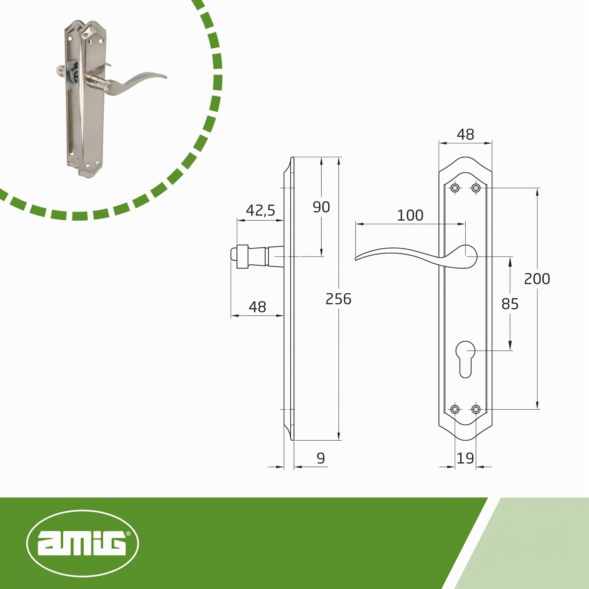 Amig - Juego de Manillas de Placa - Adecuado para Puertas de Paso de Interior y Exterior con Manivela Cómoda, Elegante y Atemporal - Con Bocallave - Latón - Color Plateado - 256 x 48 mm
