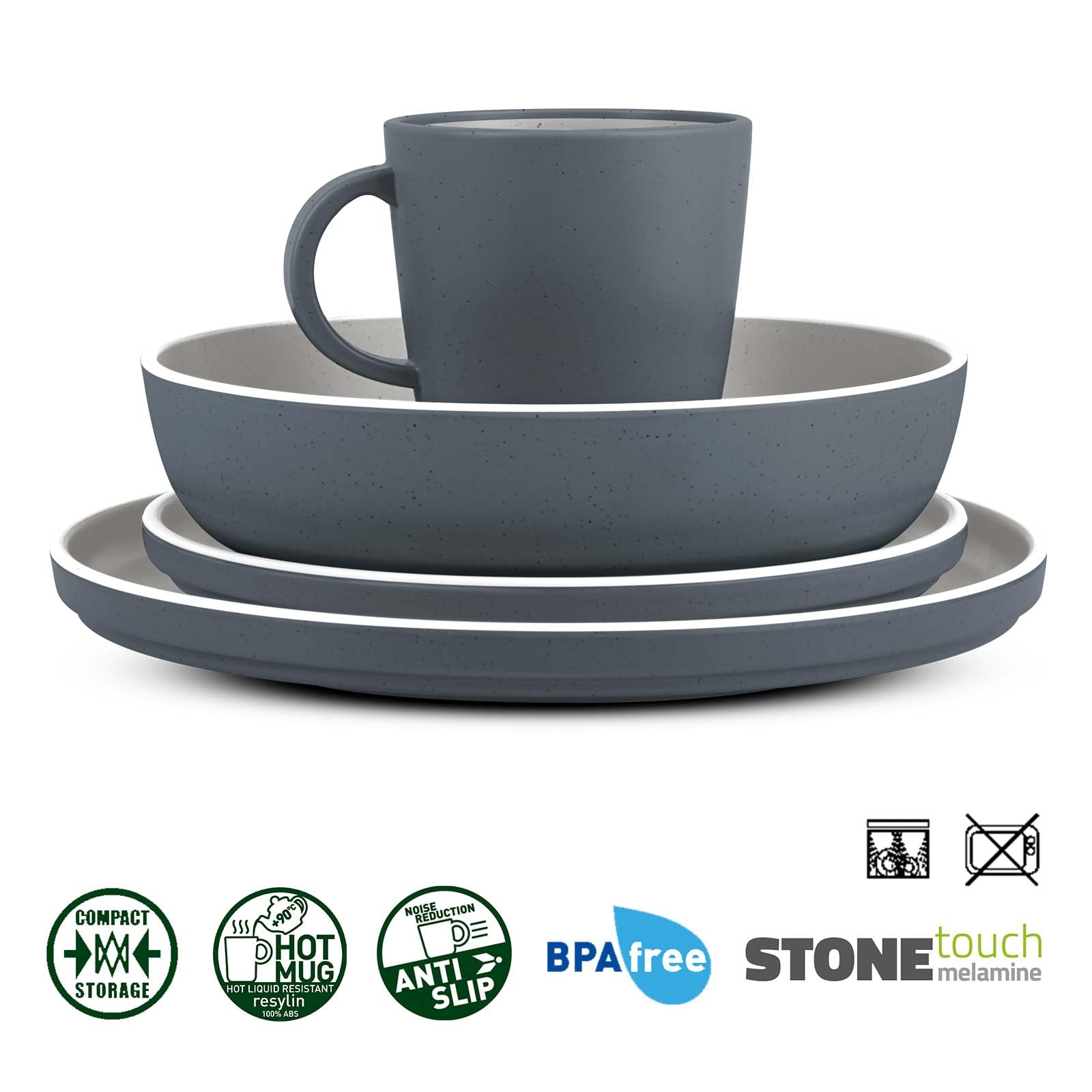 BRUNNER: Melamin Geschirr-Set Camping | 36-tlg - Teller, Becher, Besteck, Gläser für 2-4 Personen | TRILOGY GREY All Inclusive - Kratzfest, Hochwertig+edel | Steingutoptik + Porzellanhaptik | AntiSlip