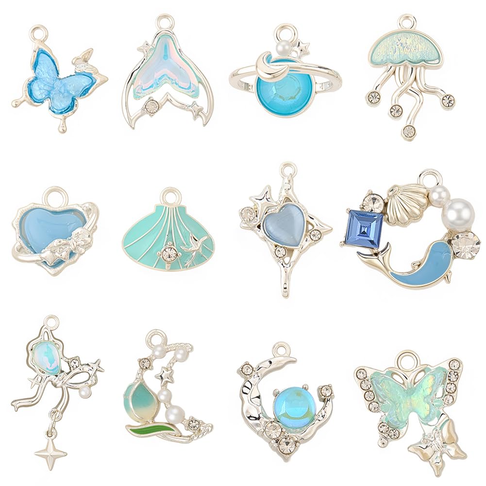 SUNNYCLUE 1 Box 24Pcs Ocean Animal Charms Bulk Jellyfish Charm Alloy Rhinestone Enamel Sea Life Pearl Blue Butterfly Seashell Pendants for Jewellery Making Earrings Necklace Bracelet Diy Crafts