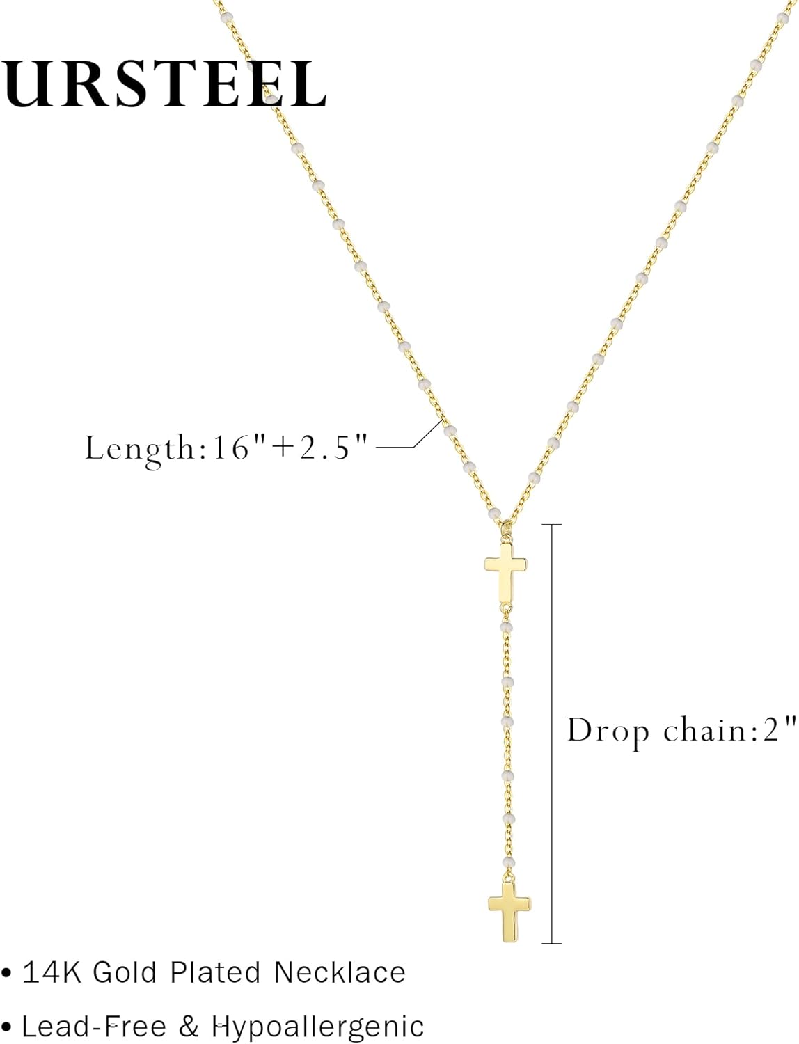 Ursteel Dainty Lariat Necklace for Women, 14K Gold Plated Y-Shaped Long Necklace Layered Drop Necklaces Pearl Cross Clover Cubic Zirconia Charm Necklaces Jewelry Gifts for Women - Image 6
