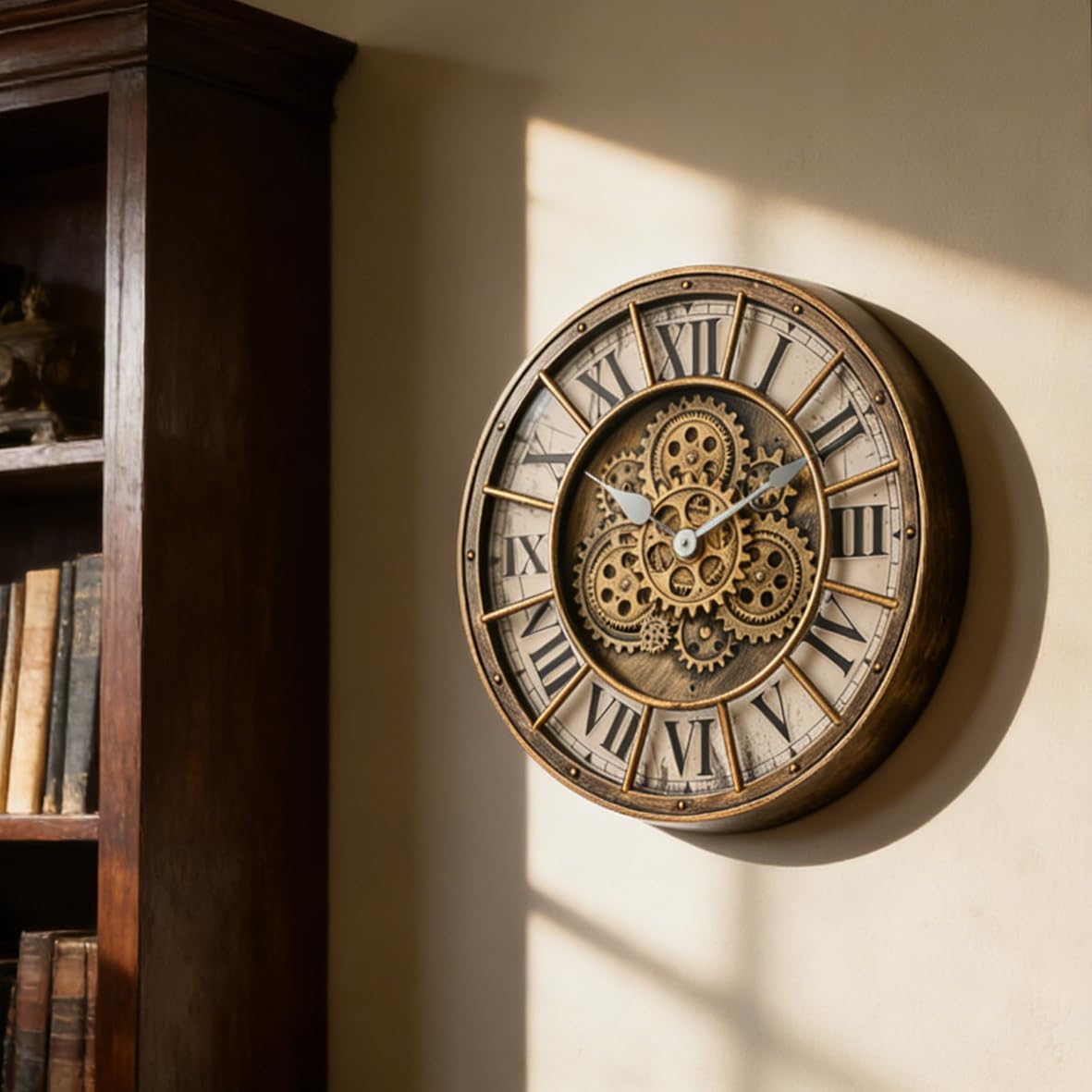 Générique Newly Horloge Murale à Engrenages Mobiles de 45,7 cm, décoration Industrielle Steampunk, Horloge Murale rétro en métal à Grands Chiffres pour Cuisine, Salon, Bureau, Salle d'étude (Bronze)