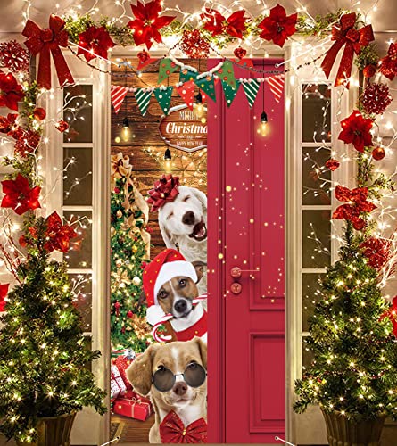 GYA 2023 3x6ft Xmas Dog Door Cover Banner Glitter Christmas Tree Poinsettia Backdrop Merry Christmas Gift Decoration Red New Year Party Door Cover Indoor Outdoor Yard Sign Prop Decor