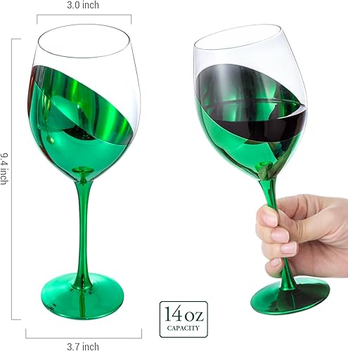 Miniatura 5 de MyGift Copas de vino modernas inclinadas de 14 onzas con tallo de color navideño multicolor metálico en ángulo, juego de 4