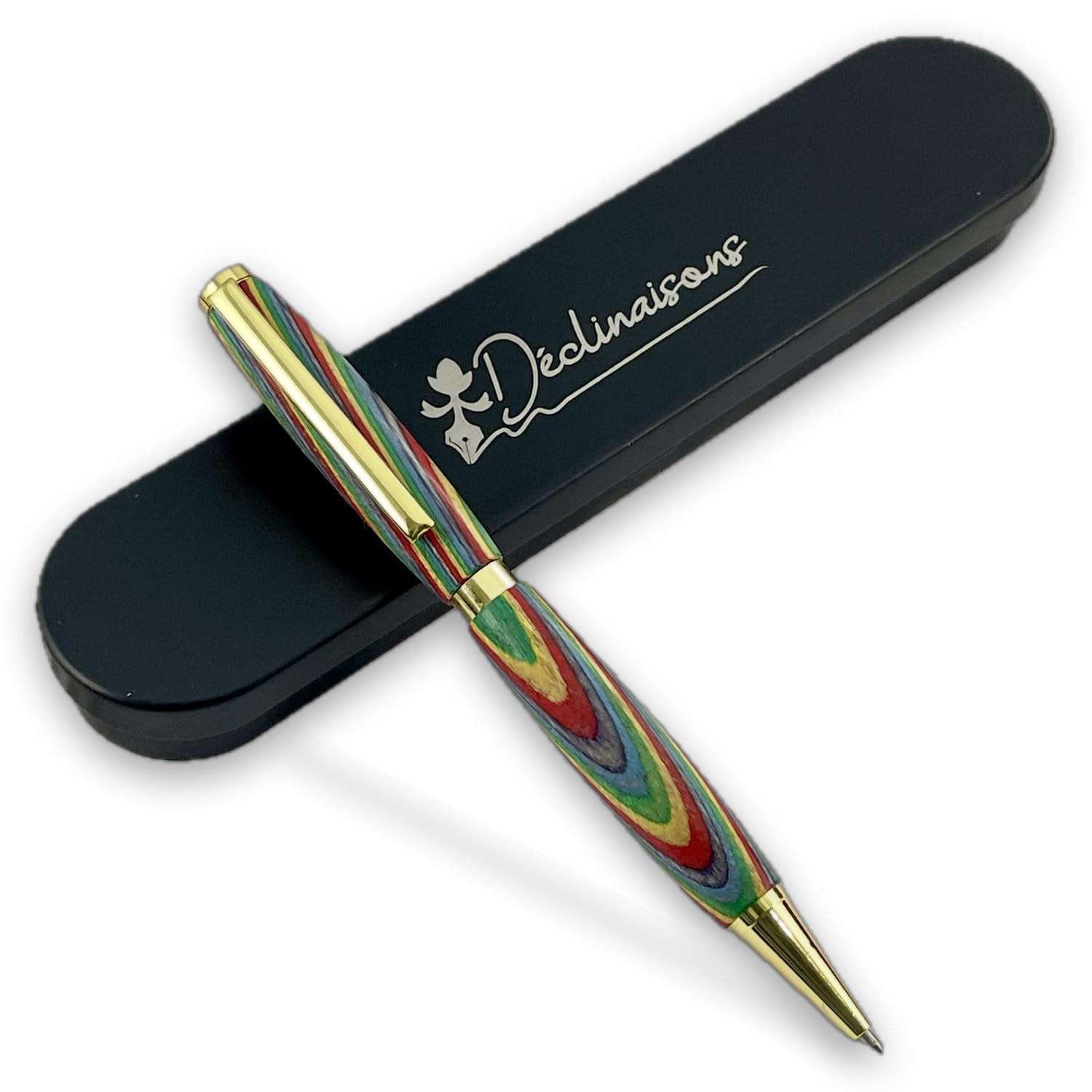Penna Personalizzabile in Legno Arcobaleno, Realizzata a Mano in Francia, Regalo di Penna Personalizzata con Incisione, Scatola in Metallo | Originale, Natale, Matrimonio, Amico