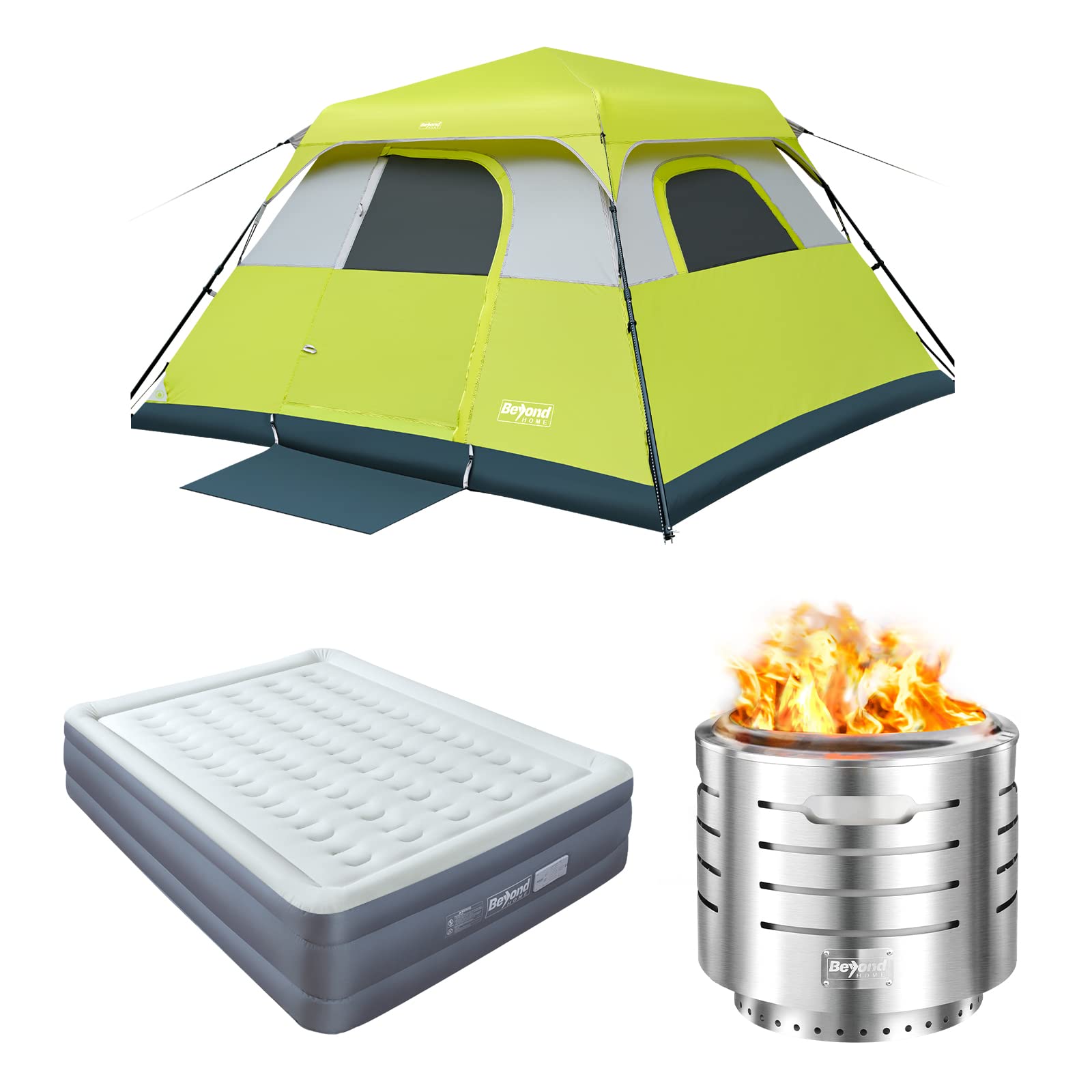 Beyondhome Odorless Air Mattress Queen 18 Inch, 6 Person Instant Green Cabin Tent, Smokeless Instant Fire Pit