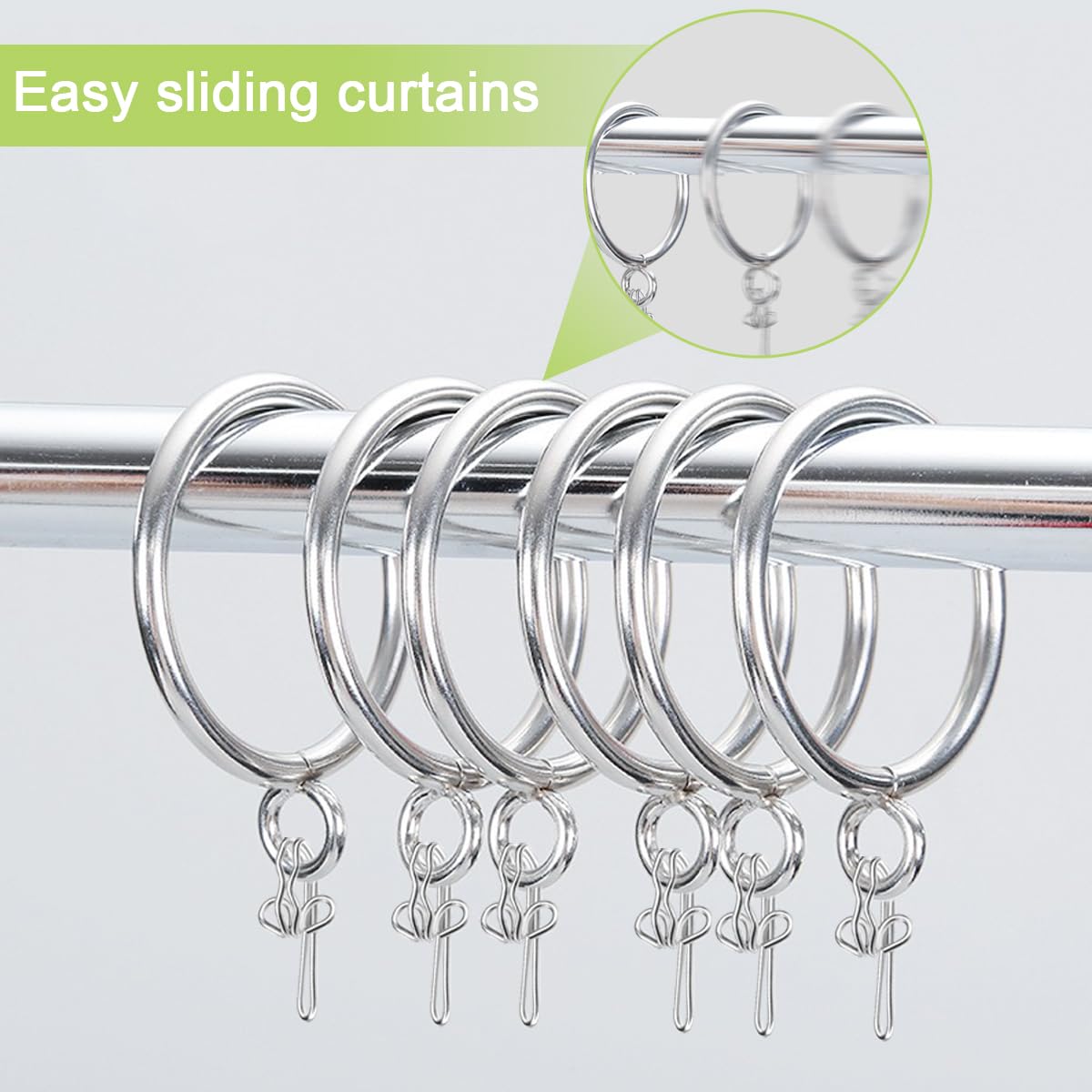 LOSYHU 50 Pack Metal Curtain Rings and Hooks, 32mm Silver Curtain Pole Rings with Metal Hooks - Image 4