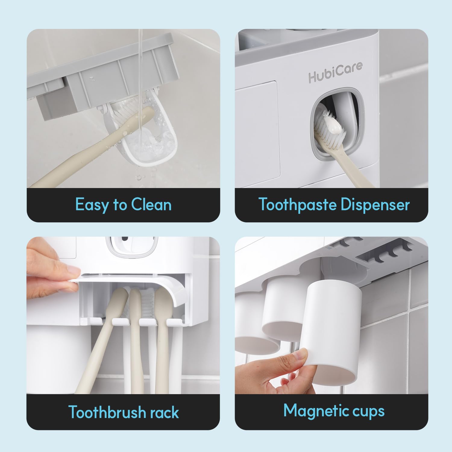 HubiCare - Portaspazzolino con dispenser per dentifricio, montaggio a parete, per bagno, spremi dentifricio, organizzazione e conservazione del bagno, 5 scomparti per spazzolini (3 tazze)