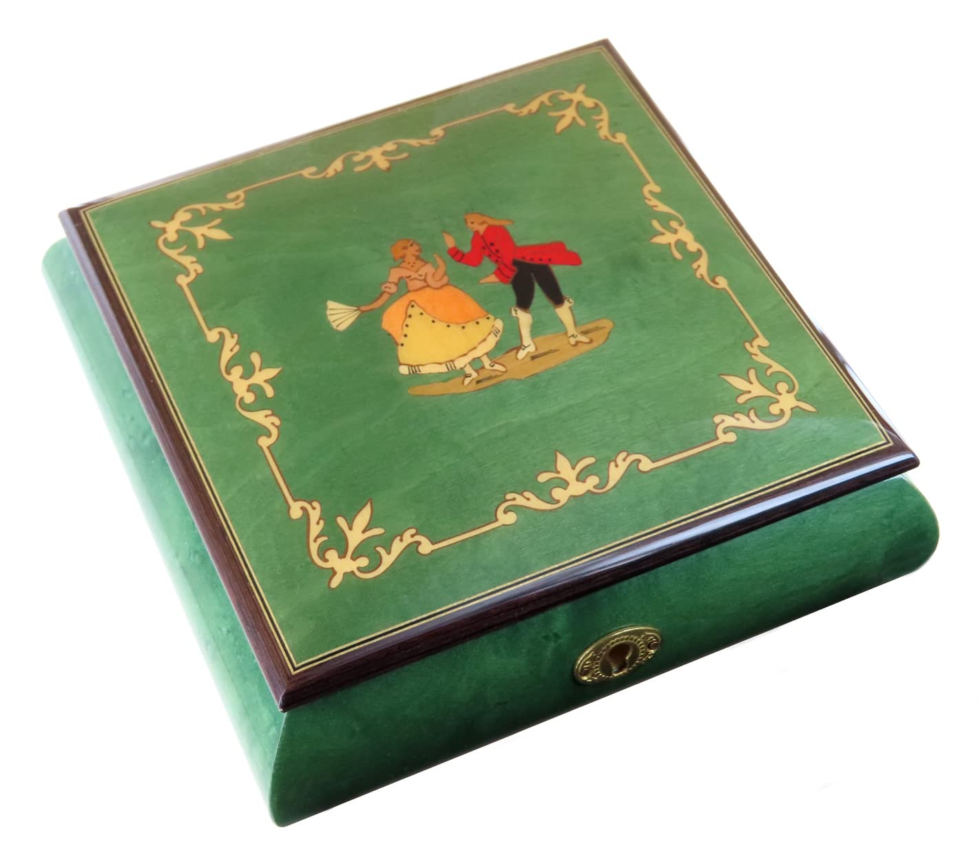 Caja de música para joyas / joyero musical de madera teñida verde claro con marquetería bailarines y mecanismo musical de resorte de 18 notas - Clair de lune - Claro de luna (Claude Debussy)